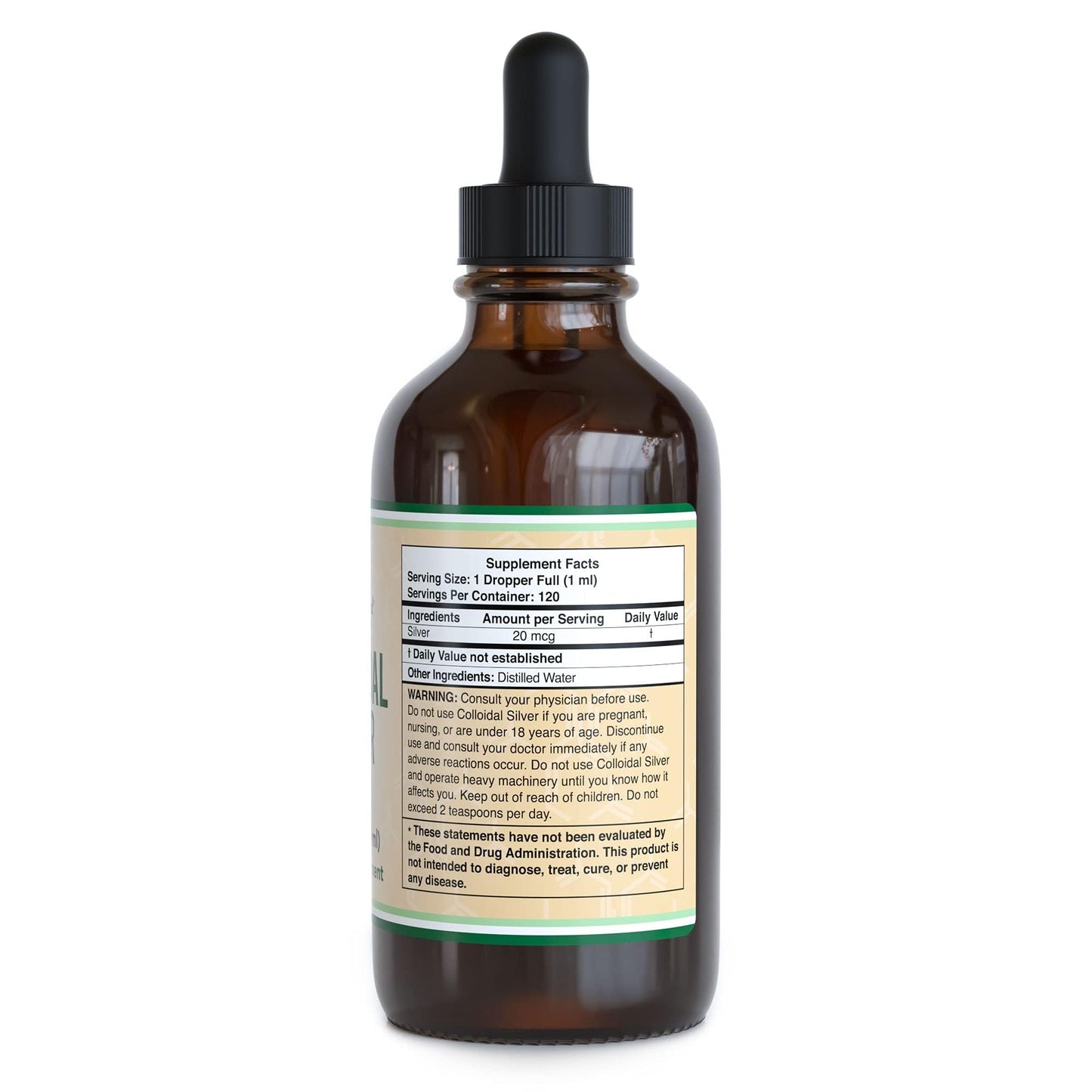 Side view of gluten free premium silver supplement liquid packaging