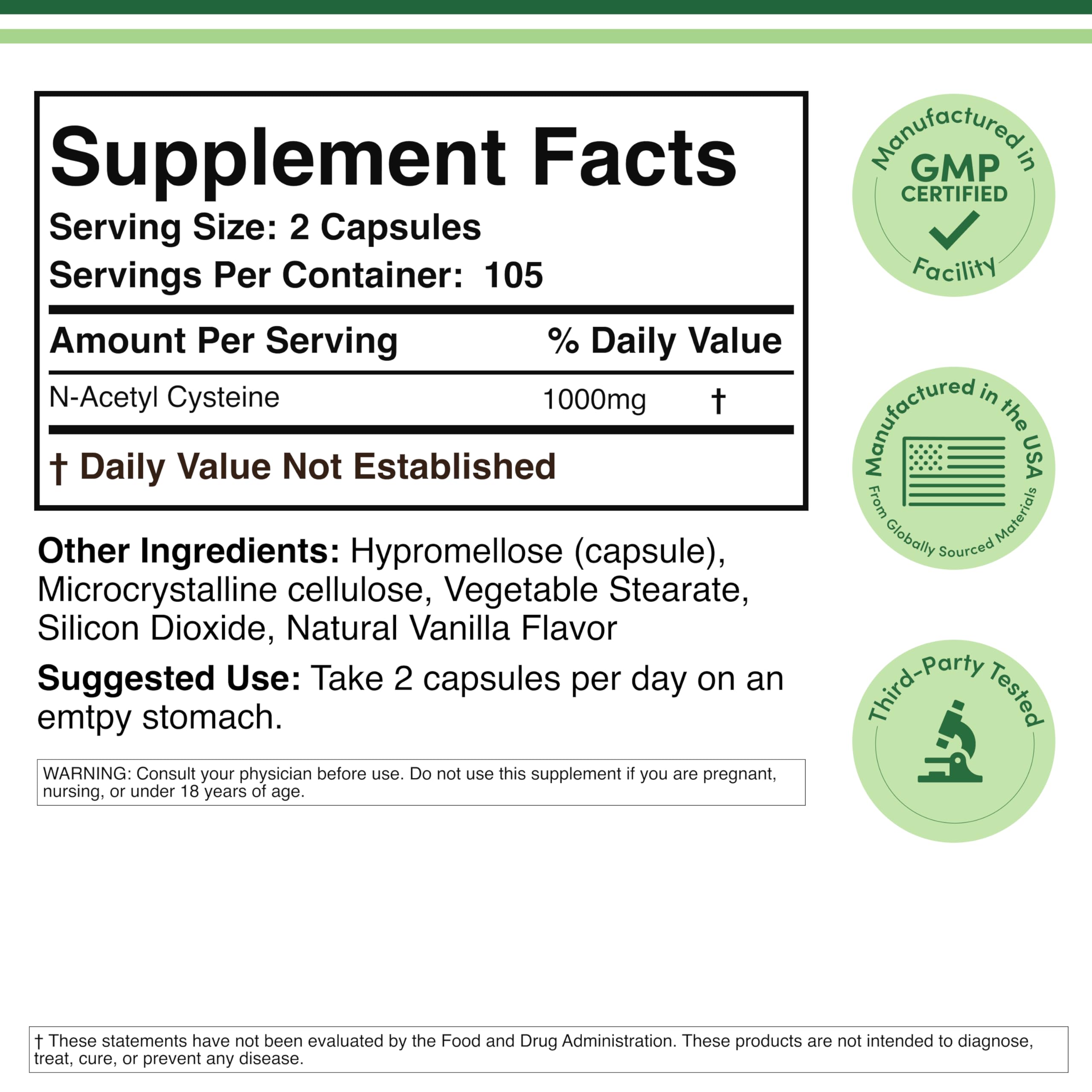 Double Wood Supplements NAC 210 capsules nutritional label