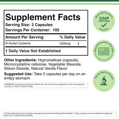 Double Wood Supplements NAC 210 capsules nutritional label