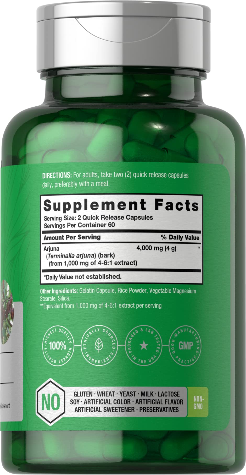 Horbaach Arjuna supplement facts and standardized extract ingredient panel
