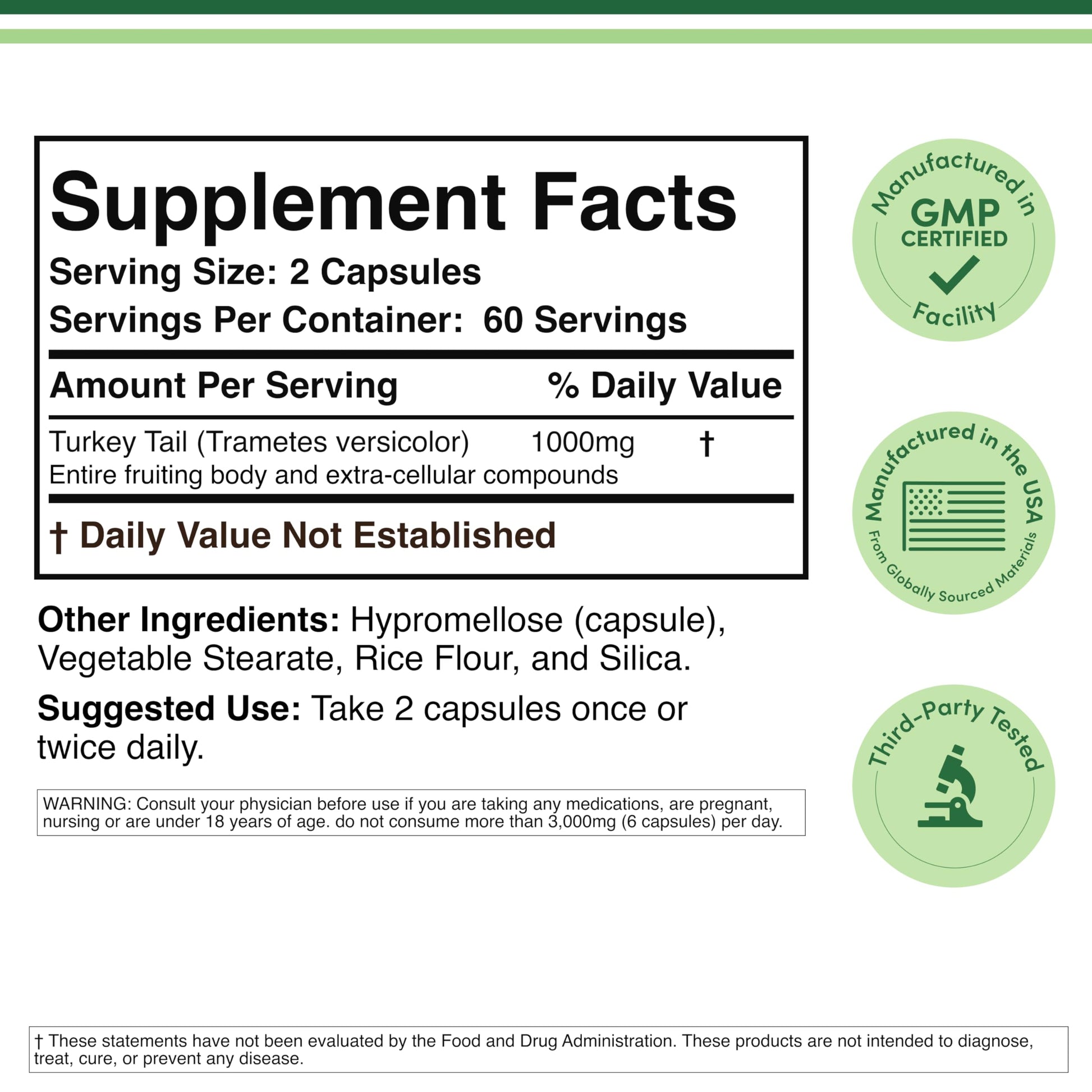 Double Wood Turkey Tail Mushroom 1000 Milligrams supplement facts label showing serving size and USA origin