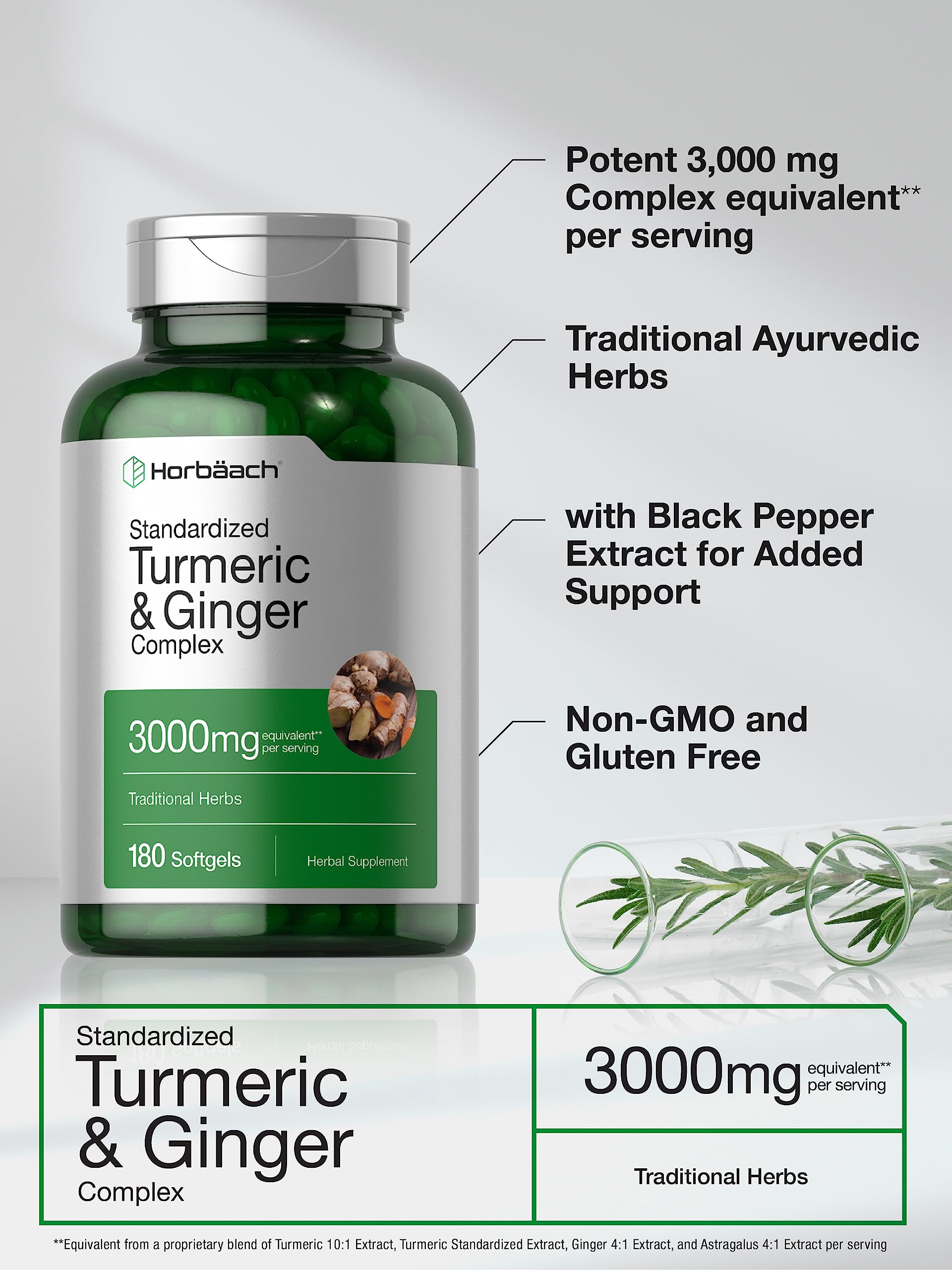 Horbaach Turmeric and Ginger three thousand milligrams dietary supplement bottle showing non GMO seals