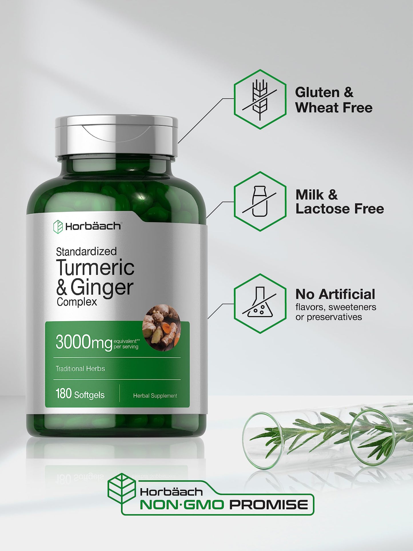 Horbaach Turmeric and Ginger pills capsule size comparison next to bottle