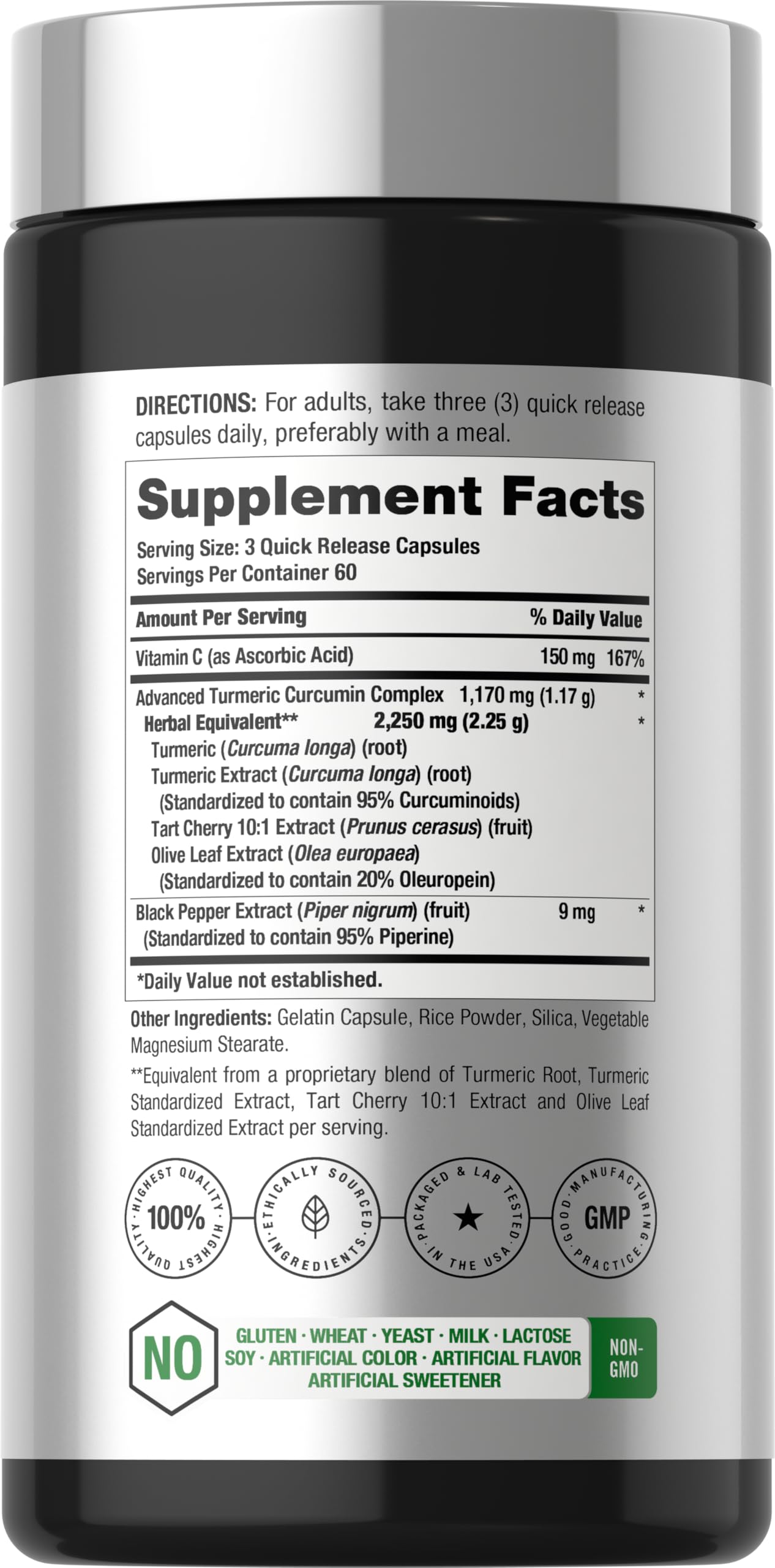 HorbÃ¤ach turmeric complex supplement bottle back label showing nutritional facts