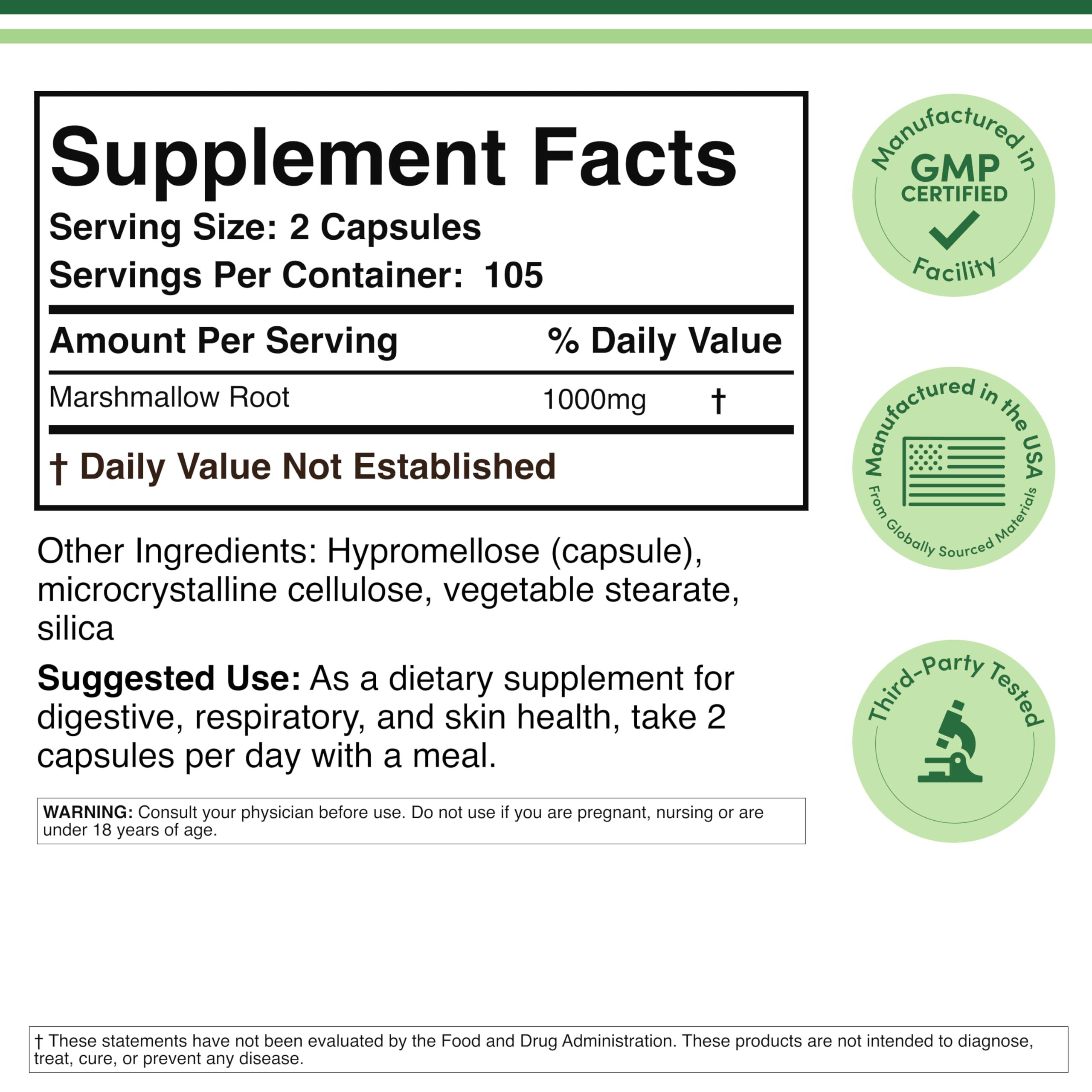 Double Wood Marshmallow Root 210 capsules label supplement facts
