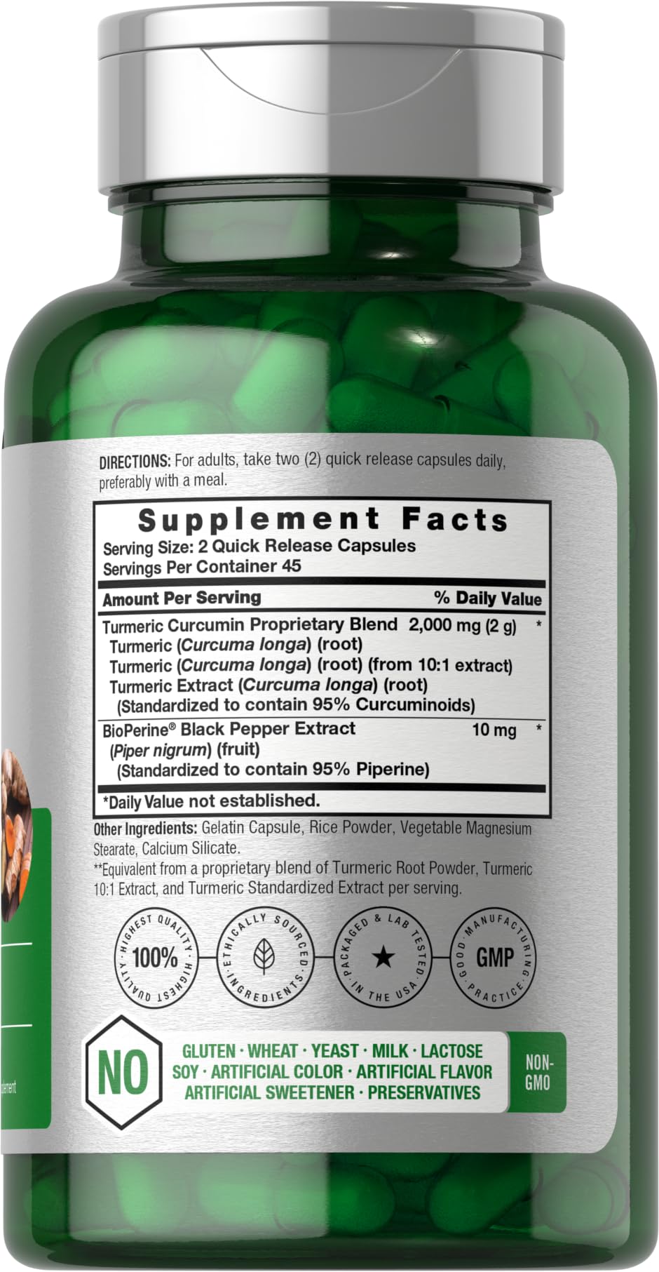 Authentic Horbaach Turmeric Curcumin with black pepper supplement bottle showcasing dietary information label