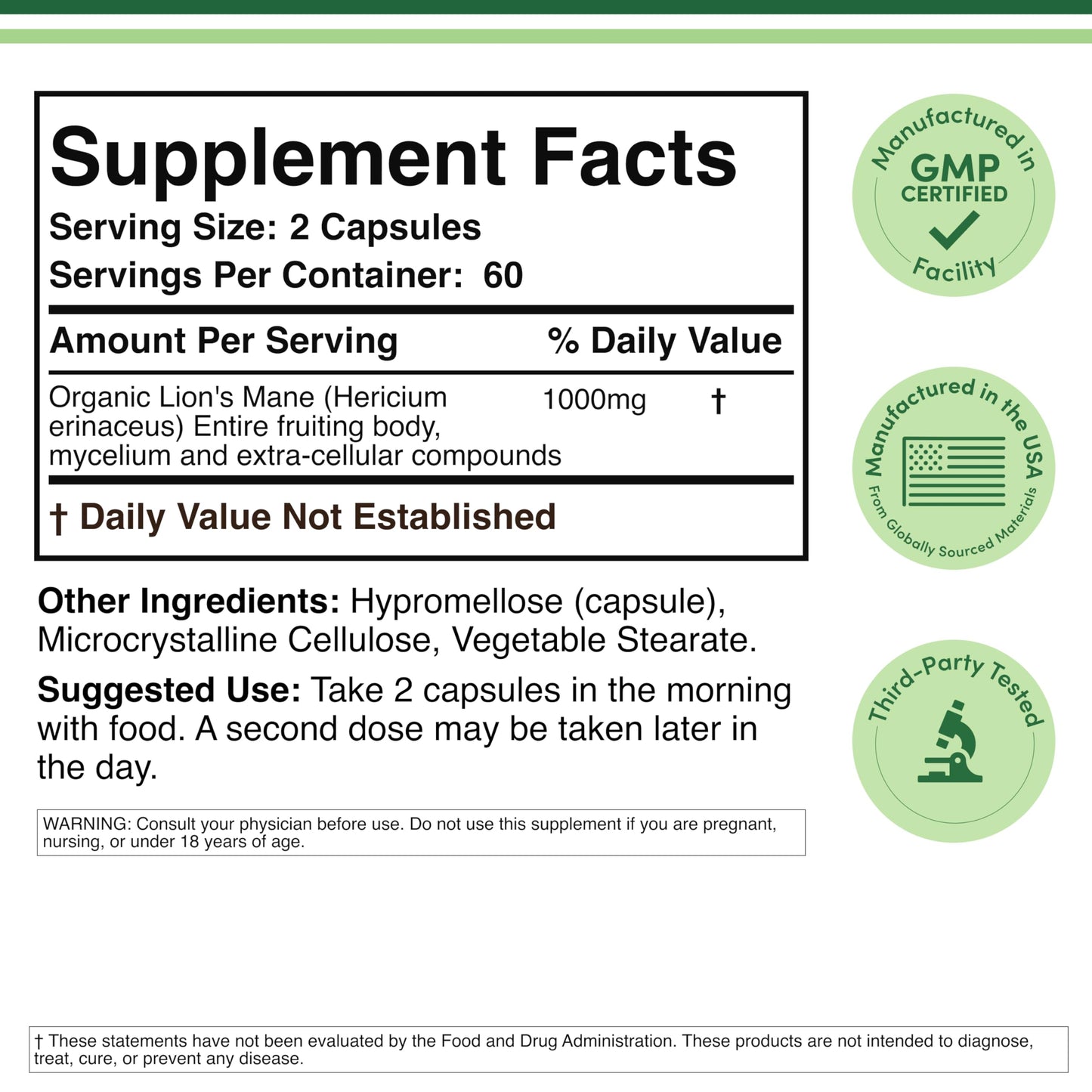 Double Wood Organic Lions Mane packaging back label showing supplement ingredients and vegetarian capsule facts