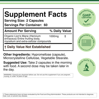 Double Wood Organic Lions Mane packaging back label showing supplement ingredients and vegetarian capsule facts