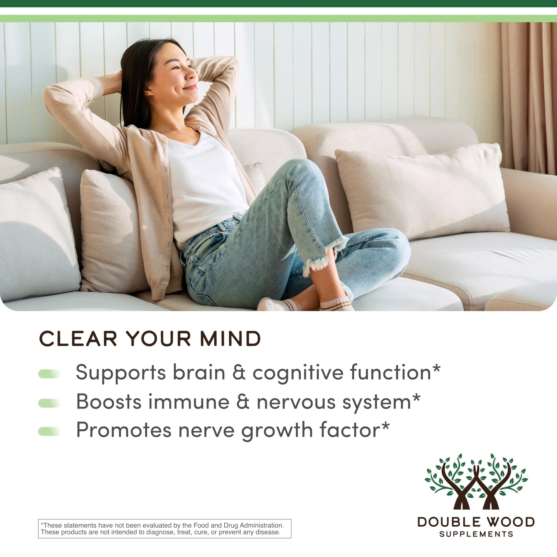 Premium Double Wood Lions Mane full spectrum mushroom capsules for neurogenesis and memory health