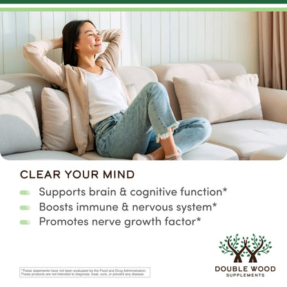 Premium Double Wood Lions Mane full spectrum mushroom capsules for neurogenesis and memory health