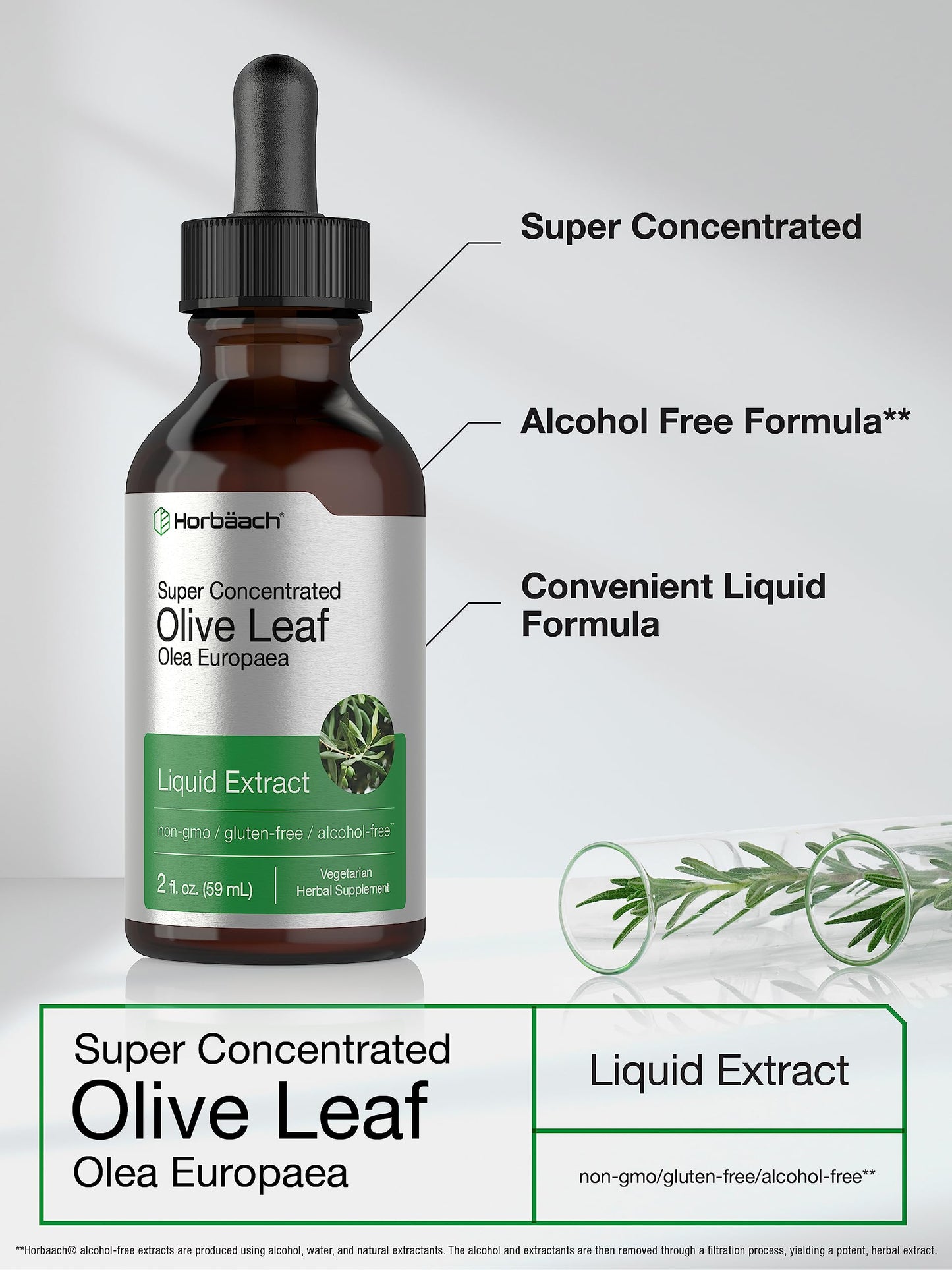 Back label of HorbÃ¤ach non-GMO gluten-free olive leaf liquid drops detailing ingredients and dosage directions.