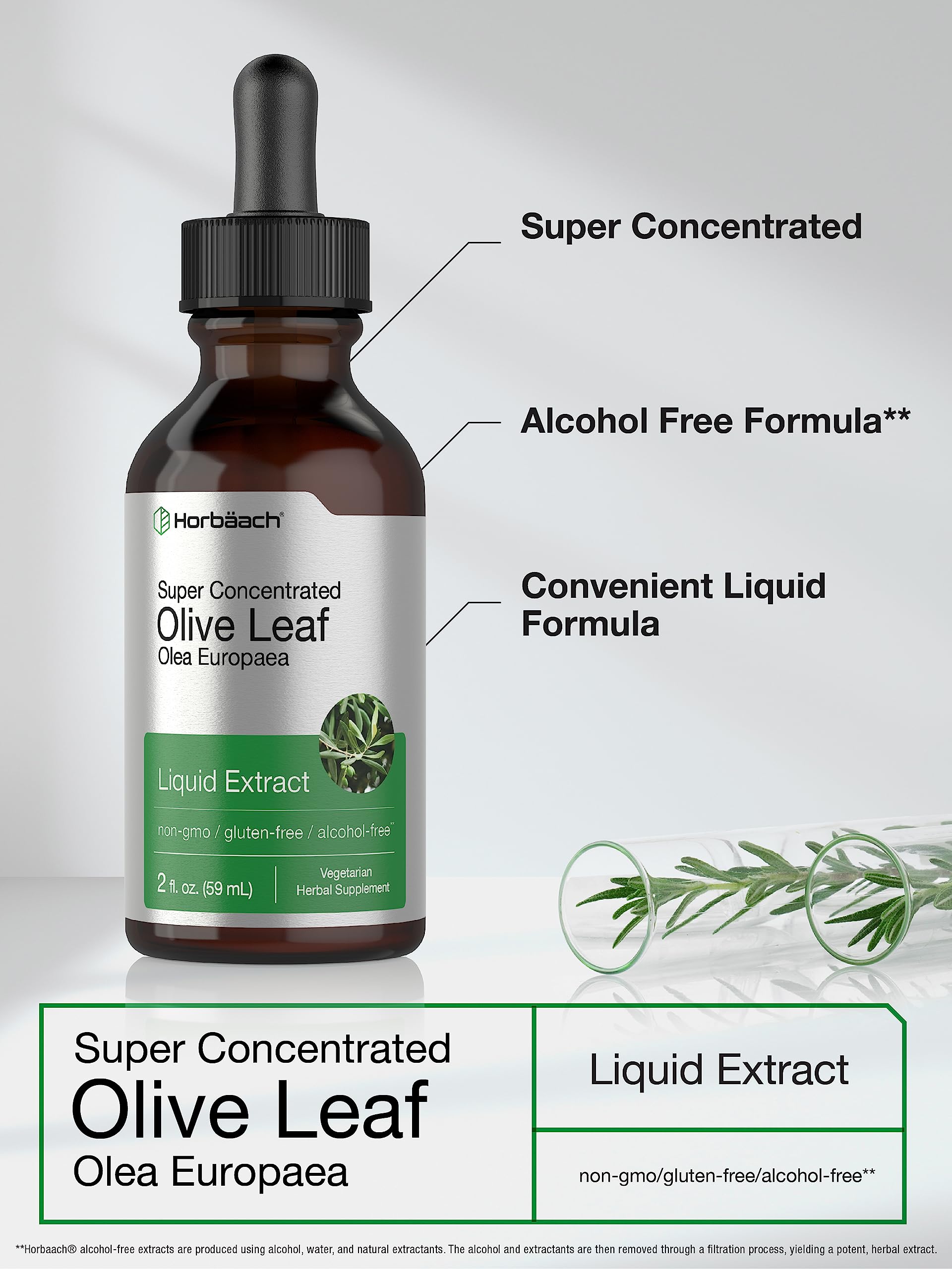 Back label of HorbÃ¤ach non-GMO gluten-free olive leaf liquid drops detailing ingredients and dosage directions.
