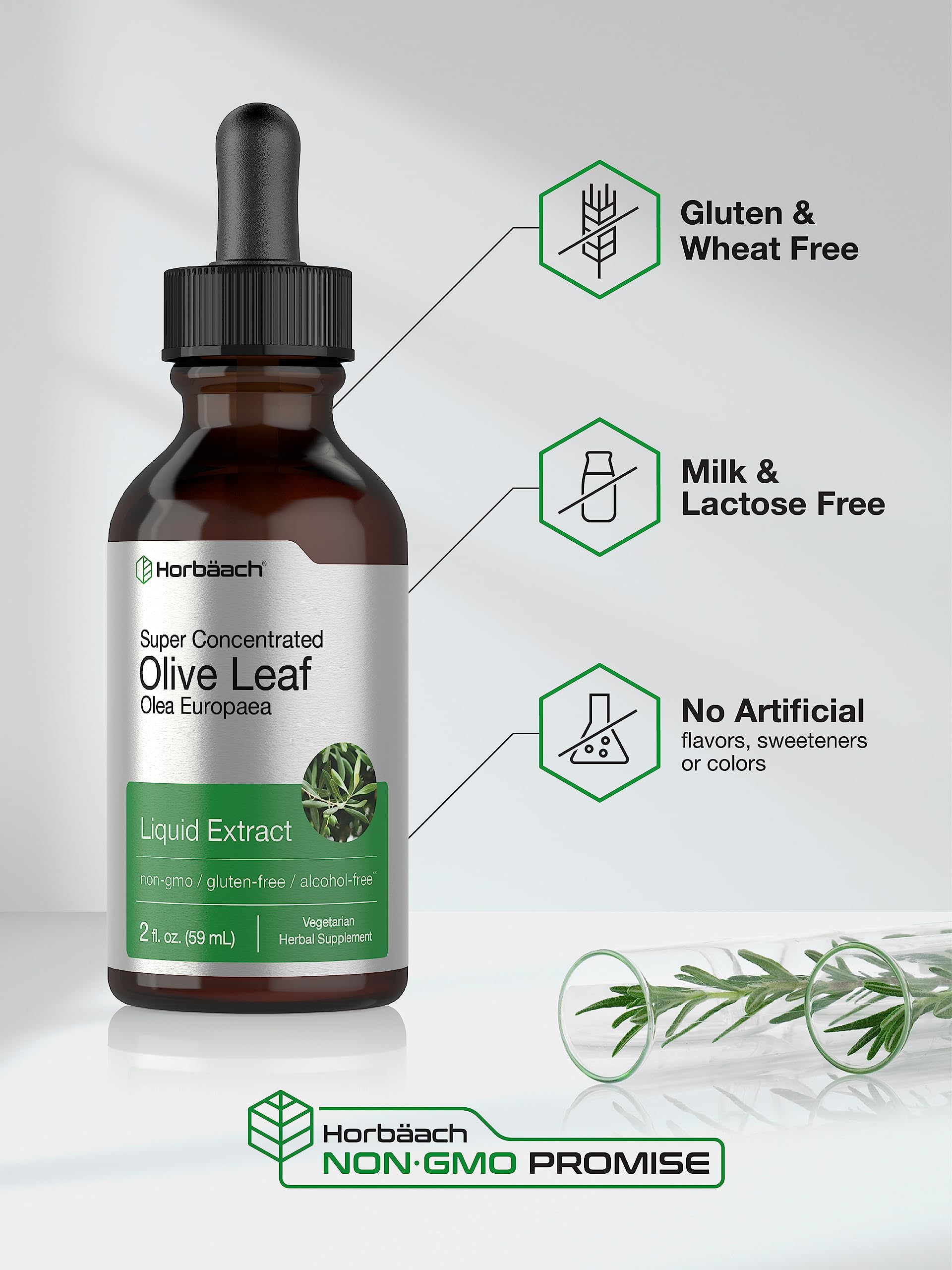 Authentic USA imported HorbÃ¤ach olive leaf extract 59 mL liquid supplement bottle with dropper cap.