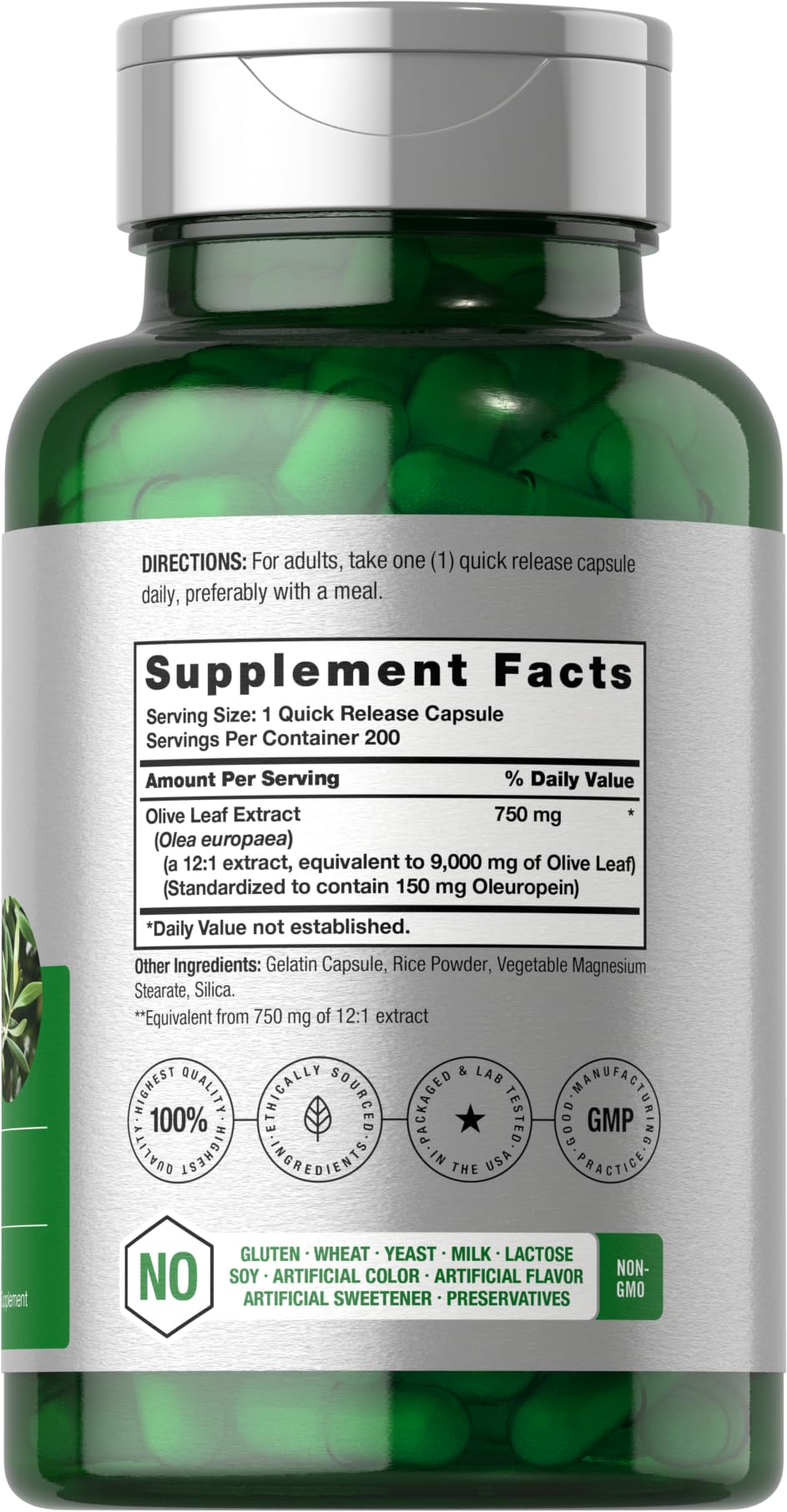 HorbÃ¤ach Olive Leaf Extract 9000mg supplement facts label showing standardized Oleuropein content