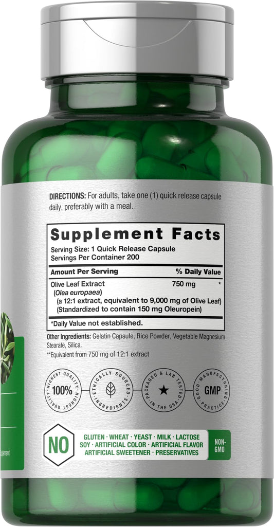 HorbÃ¤ach Olive Leaf Extract 9000mg supplement facts label showing standardized Oleuropein content