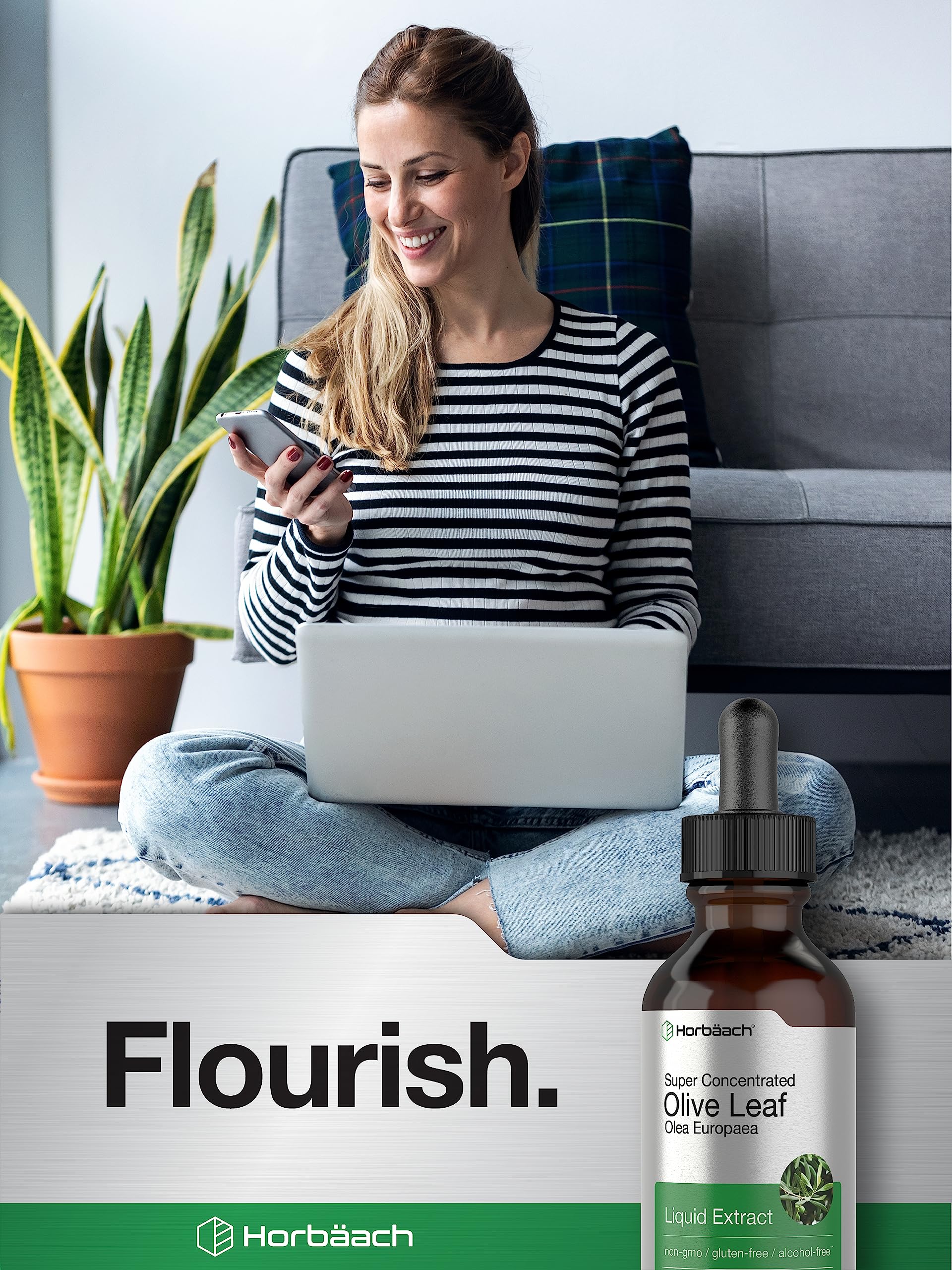 HorbÃ¤ach liquid olive leaf extract bottle showcasing allergen free and laboratory tested purity seals.