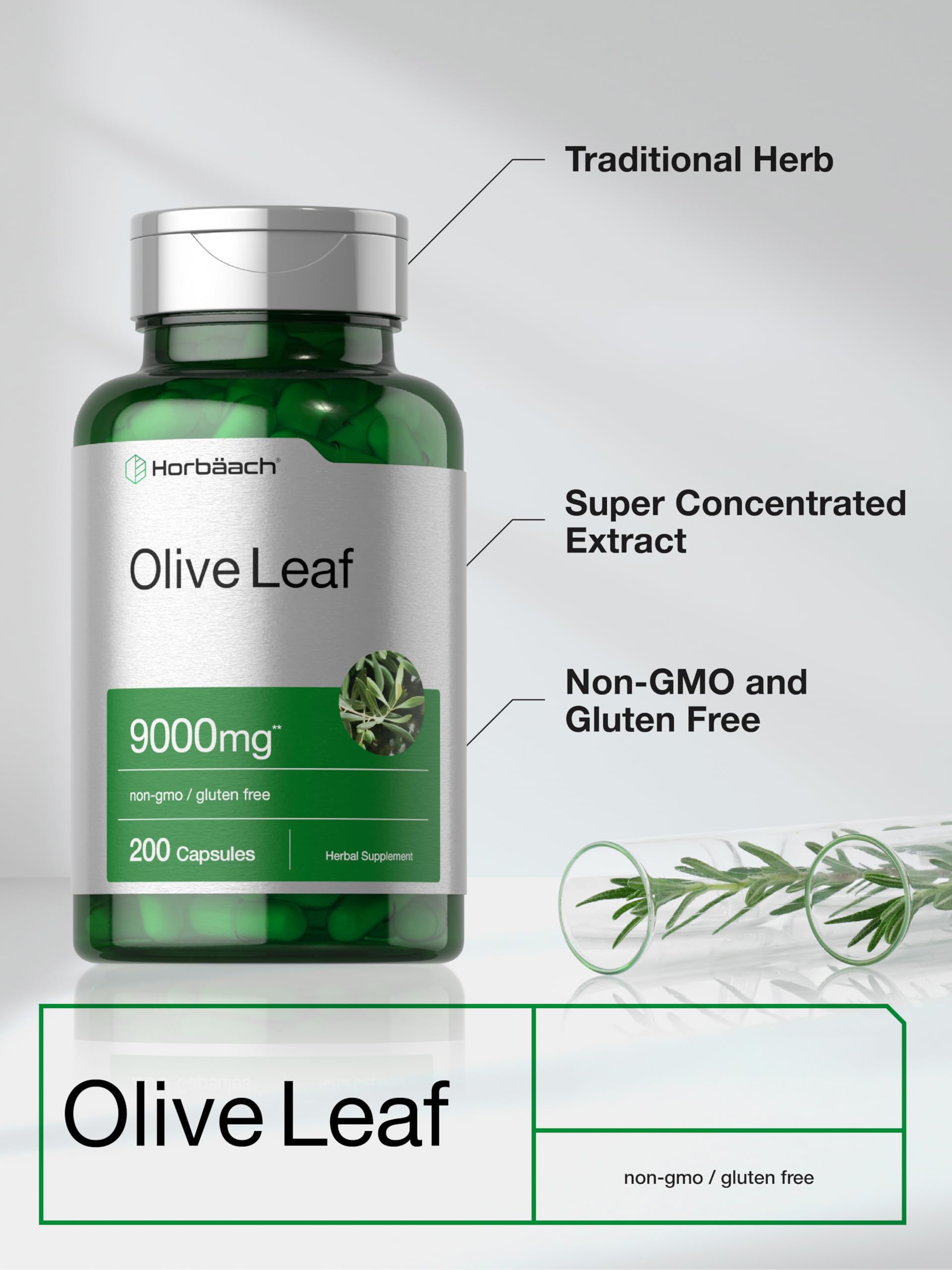 HorbÃ¤ach Olive Leaf Extract 200 quick release capsules dietary supplement clear bottle view