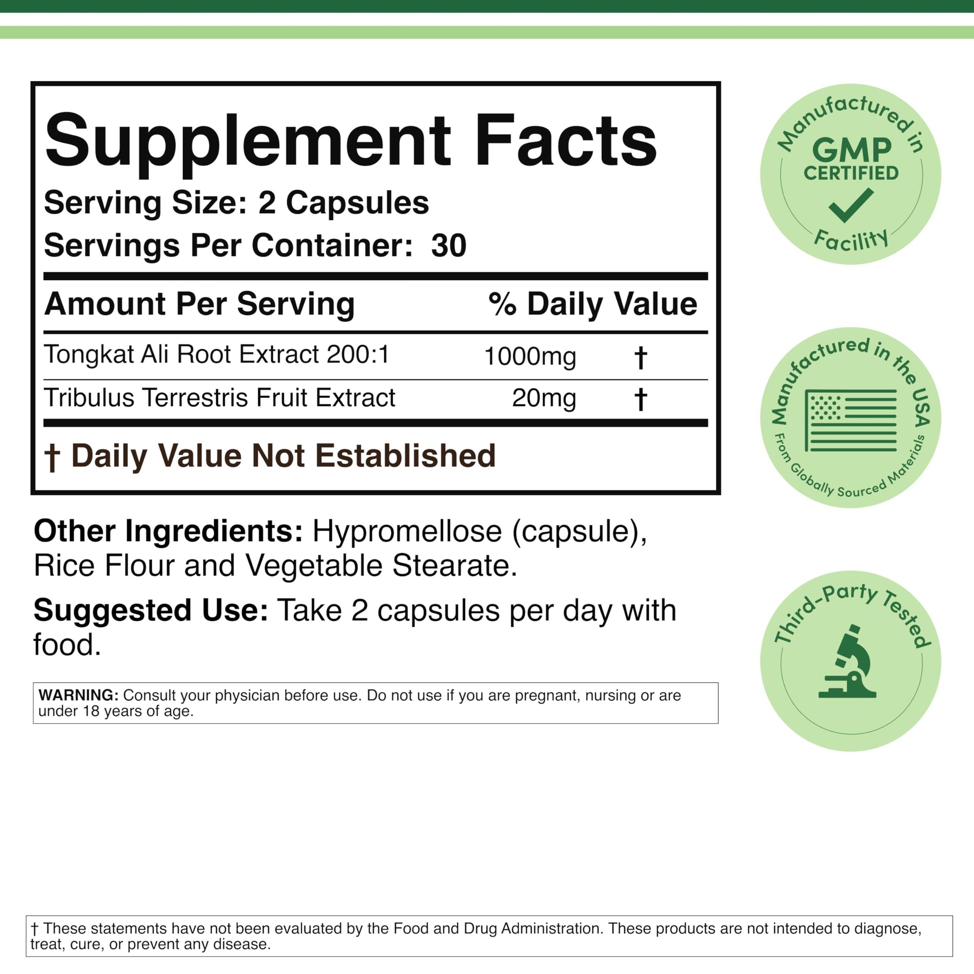 Double Wood Supplements 200 to 1 Tongkat Ali capsule label