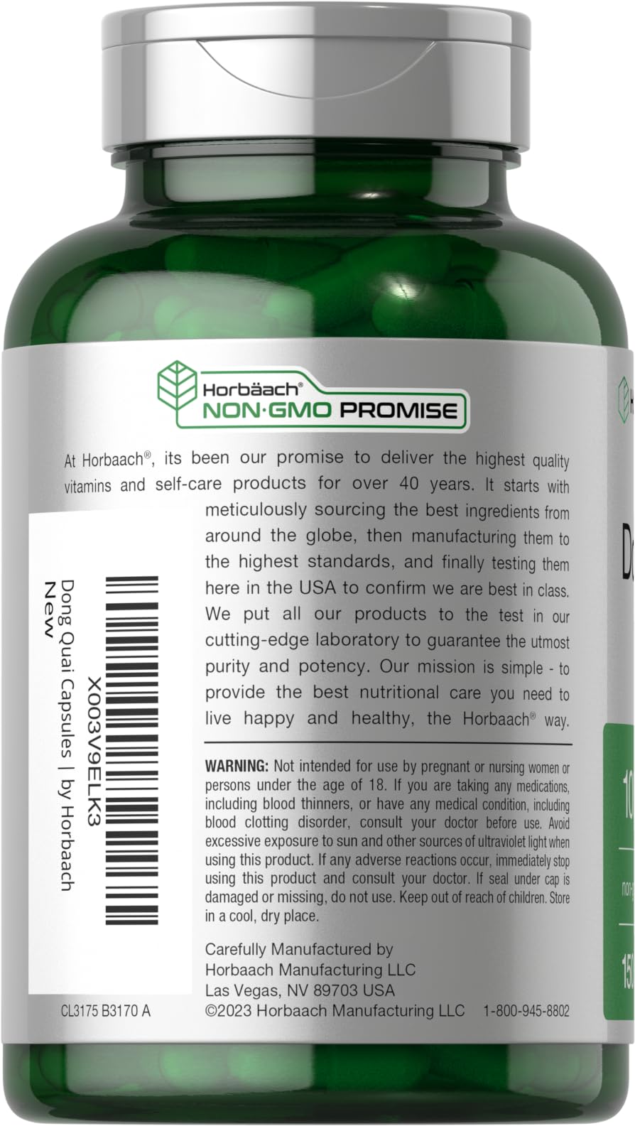 HorbÃ¤ach Dong Quai 1000mg supplement labels and ingredients facts list.