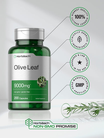 HorbÃ¤ach Olive Leaf Extract 9000mg capsule size comparison and directions for adult usage