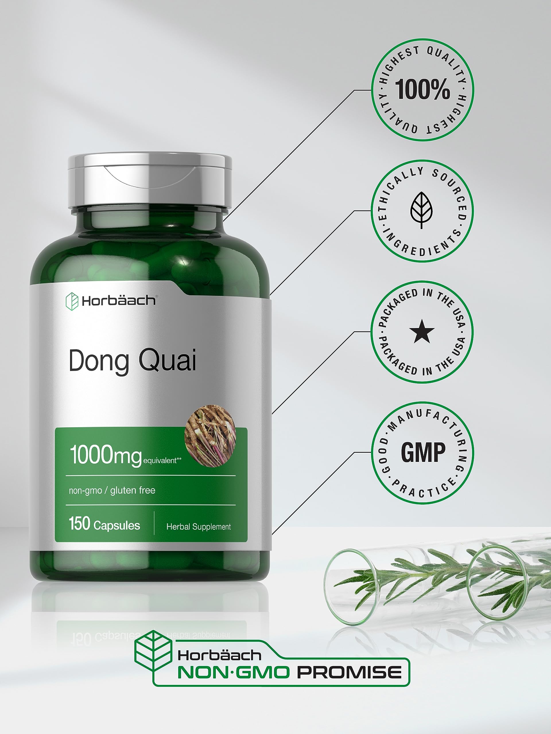 Non GMO HorbÃ¤ach female ginseng supplement bottle side directions label.