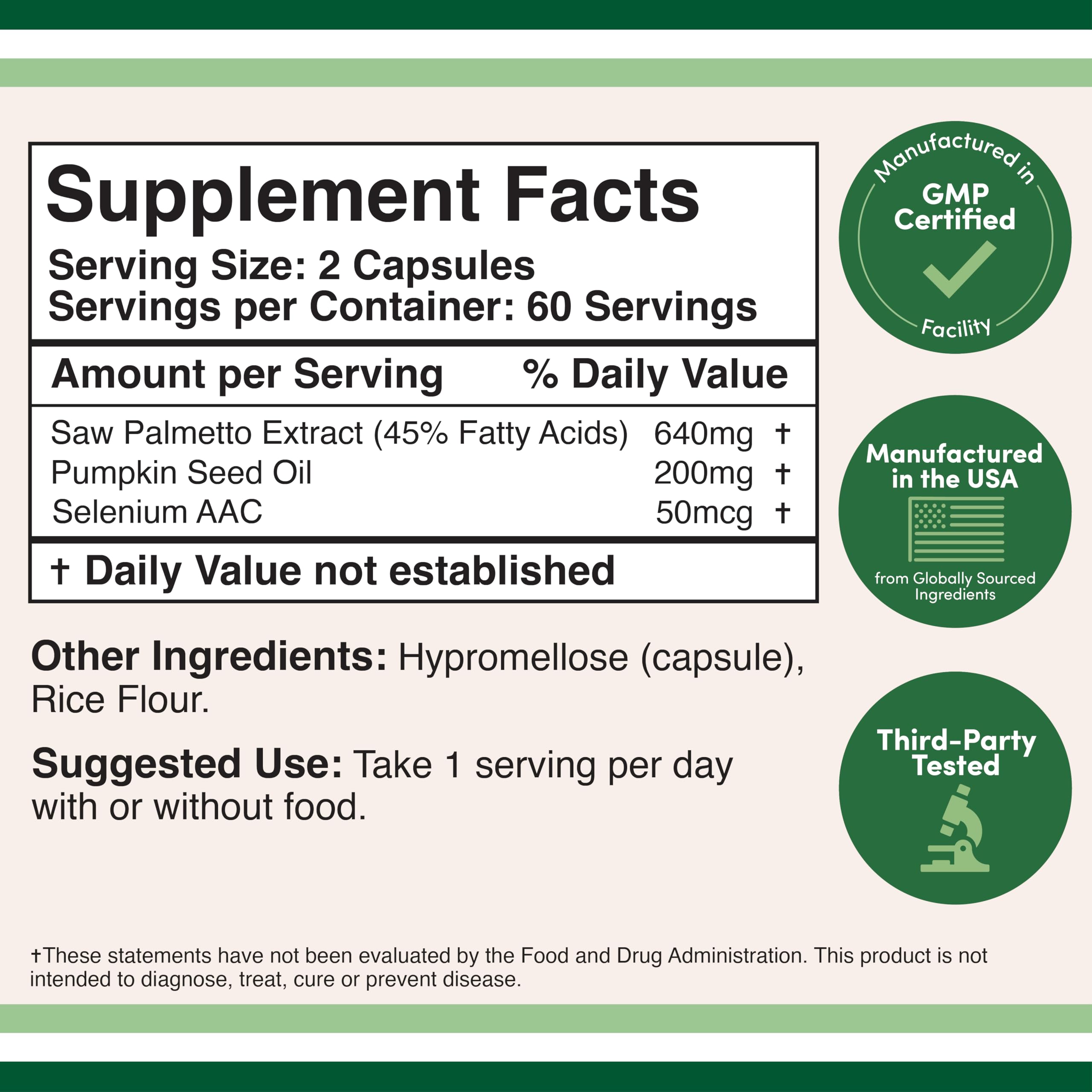 Double Wood Prostate Support supplement facts label showing saw palmetto and pumpkin seed oil dosages