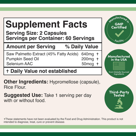 Double Wood Prostate Support supplement facts label showing saw palmetto and pumpkin seed oil dosages