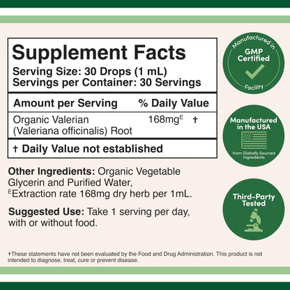 Double Wood Supplements Organic Valerian Root liquid tincture packaging showing ingredients label
