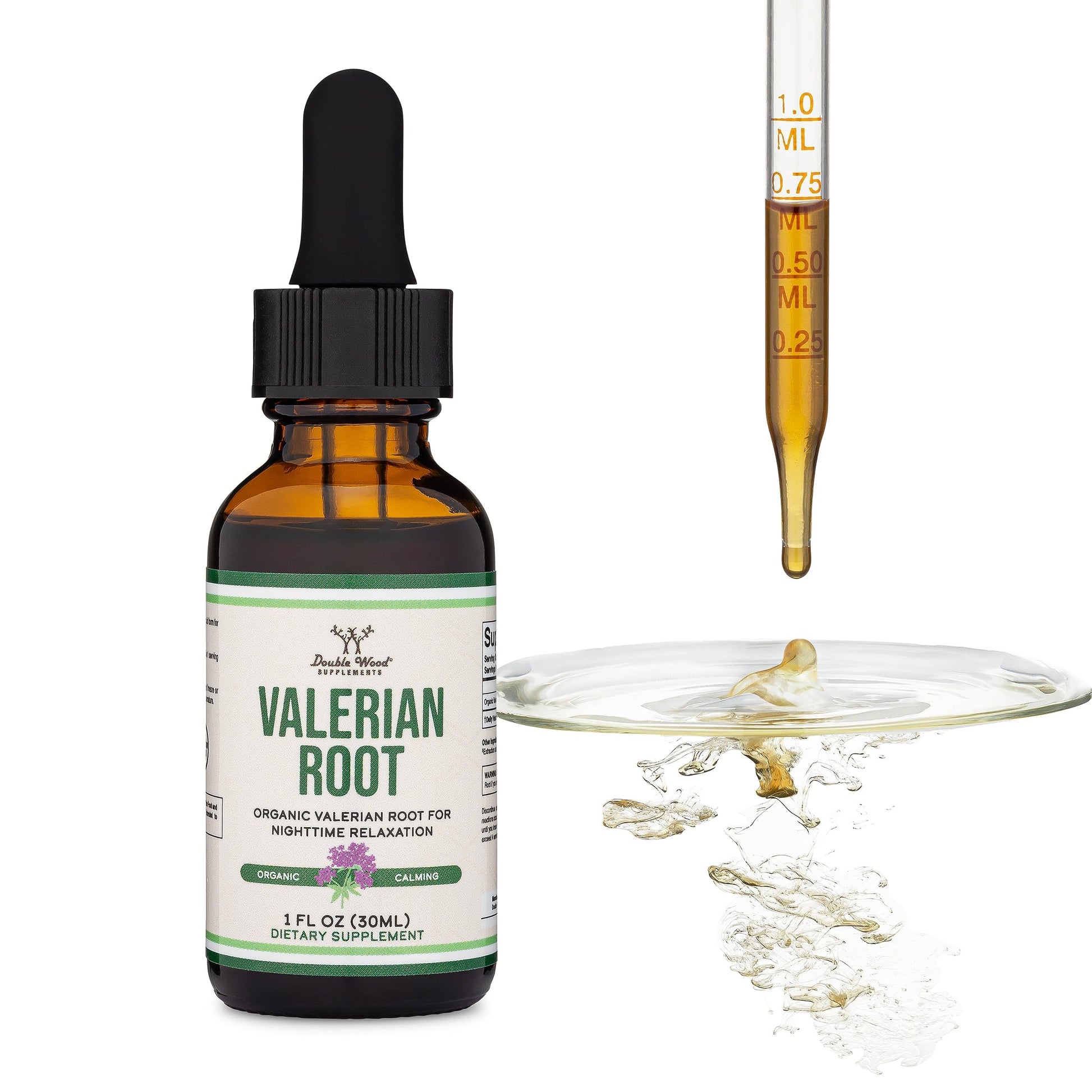 Double Wood organic valerian root dropper bottle showing one fluid ounce size details