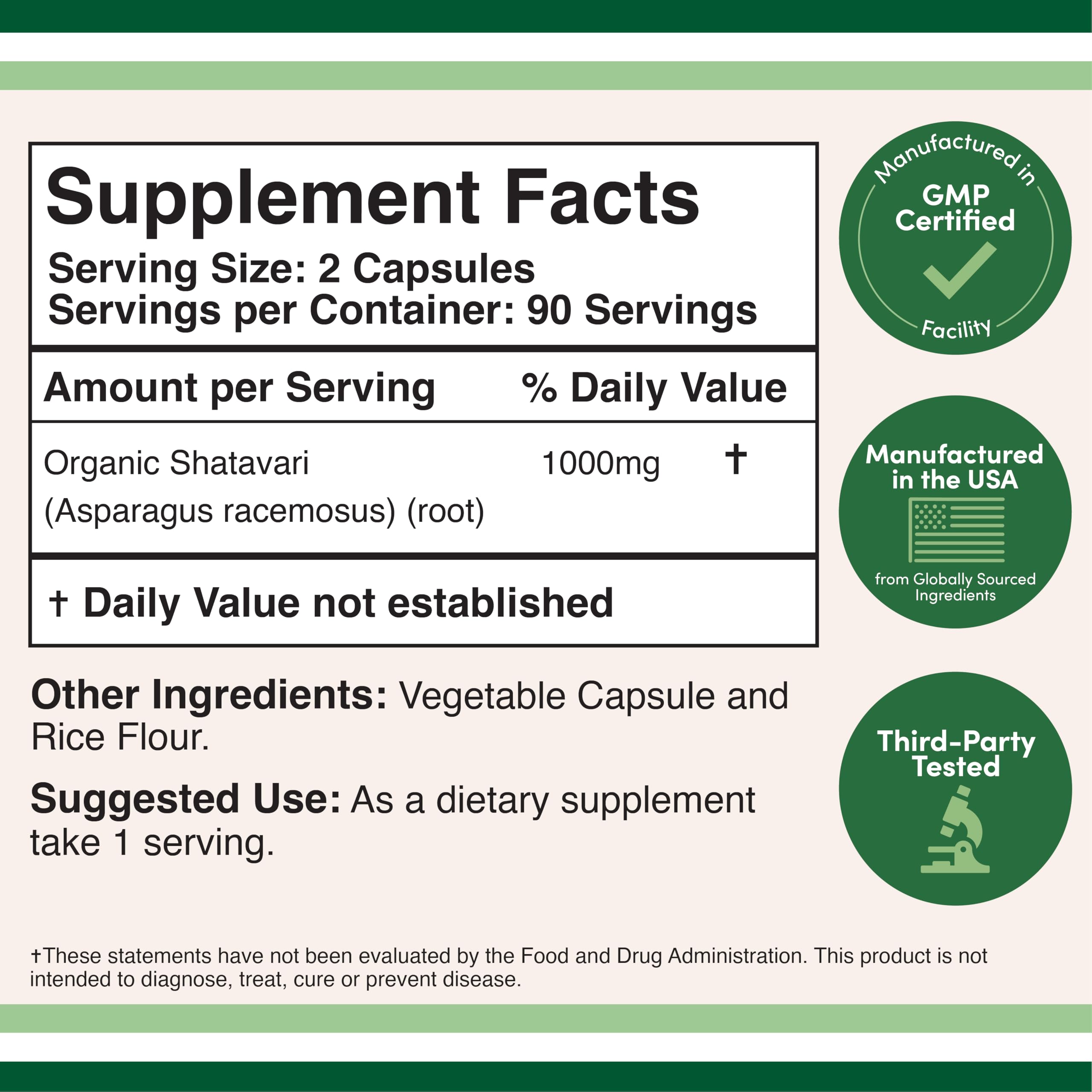 Double Wood Organic Shatavari 180 capsules nutritional facts label showing serving size