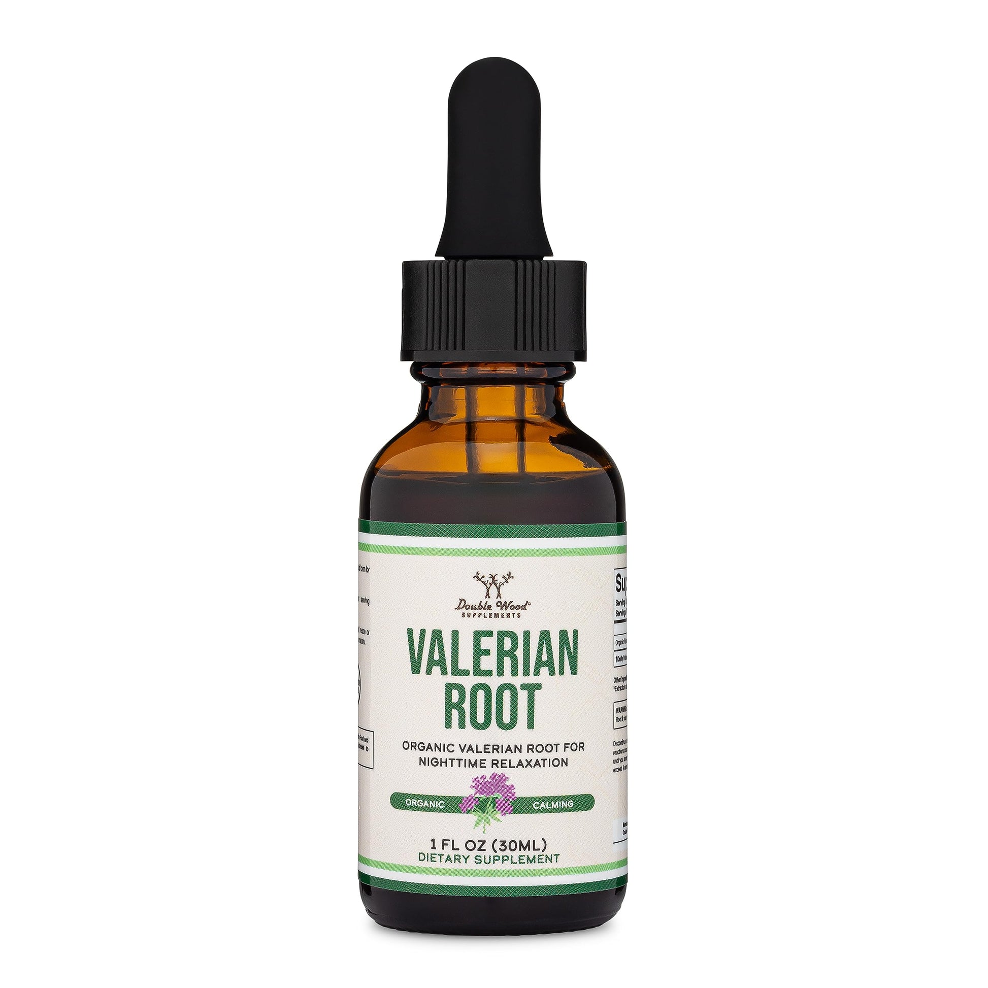 Double Wood Supplements non GMO vegan safe valerian root drops product close up
