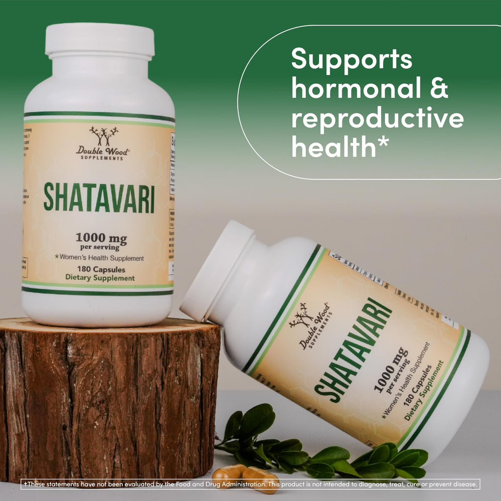 Side view of Double Wood Organic Shatavari displaying non-GMO and gluten-free badges