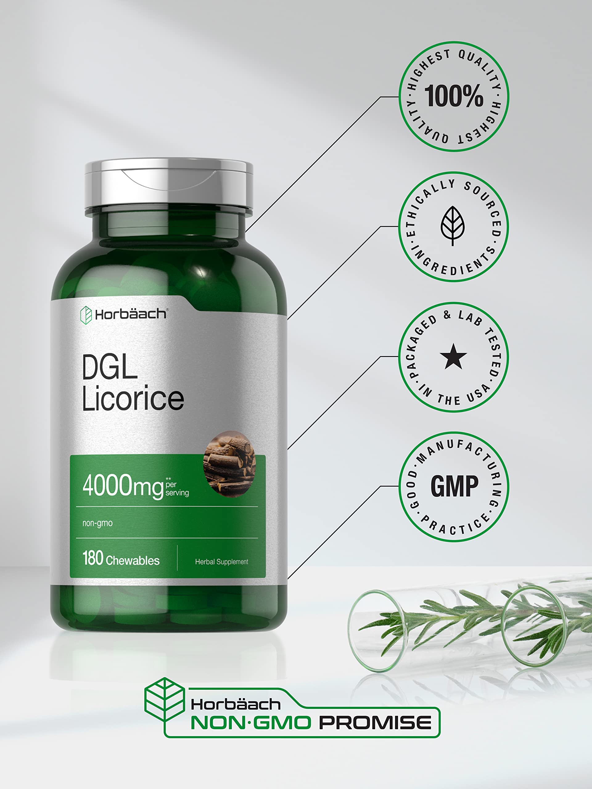 Close up of Horbäach DGL Licorice chewable supplement bottle