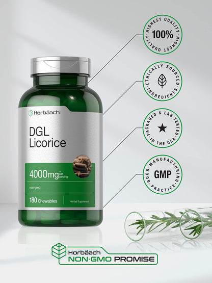 Close up of Horbäach DGL Licorice chewable supplement bottle