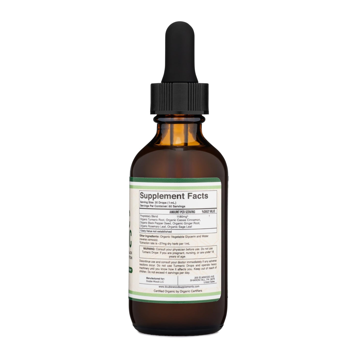 Organic turmeric drops by Double Wood Supplements showing liquid dropper assembly details