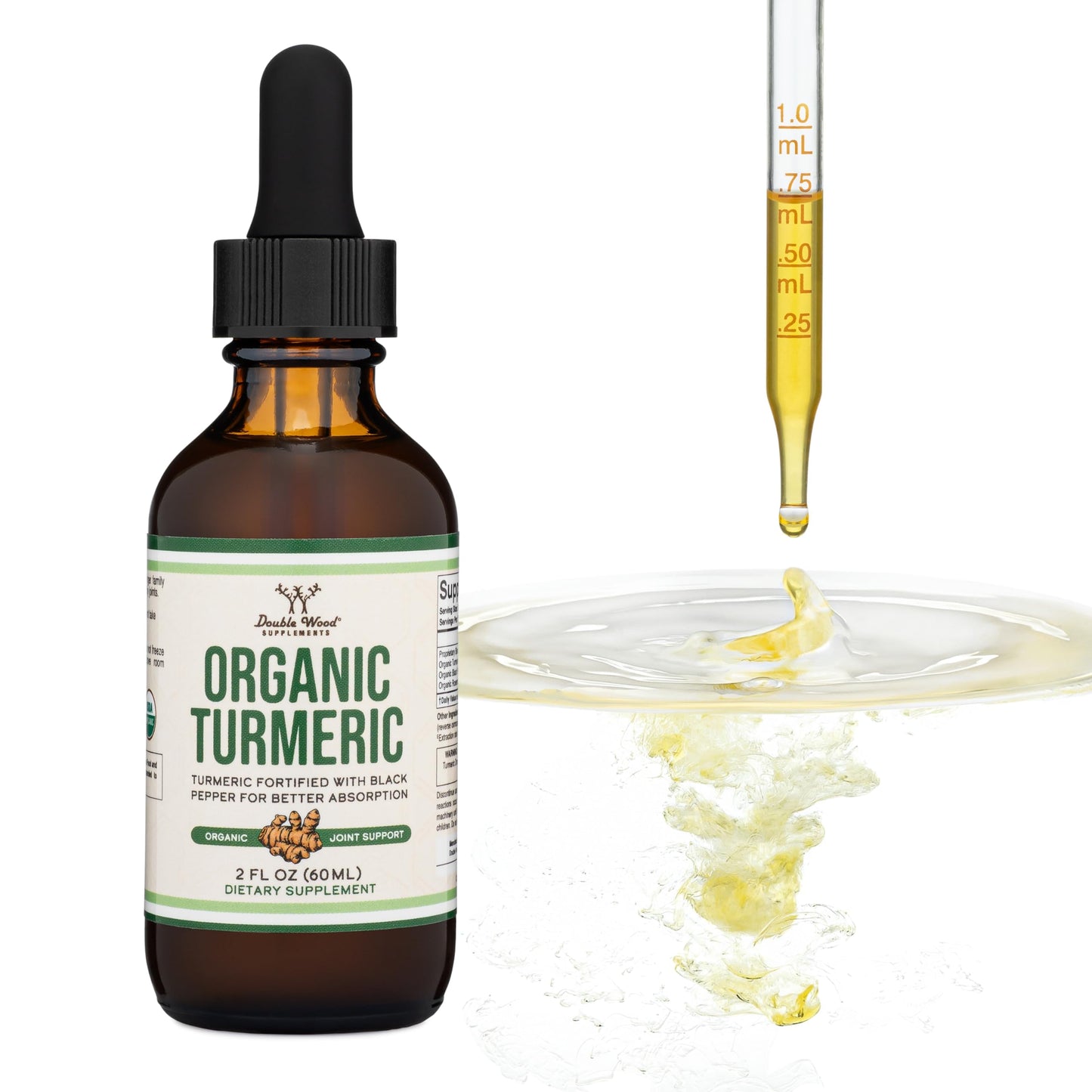 Double Wood organic joint support liquid drops bottle sitting upright on white surface