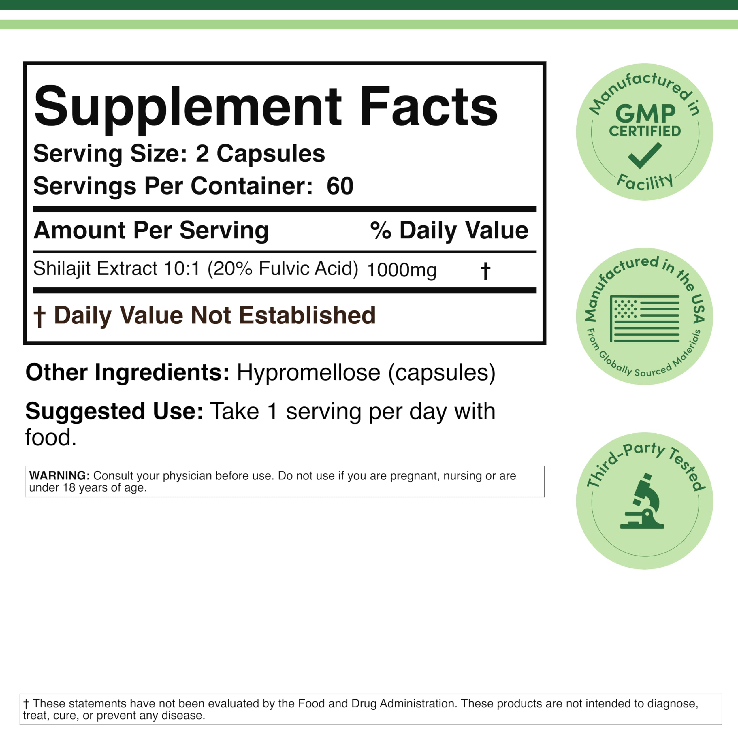 Double Wood Shilajit capsules supplement facts label detailing 20 percent fulvic acid content