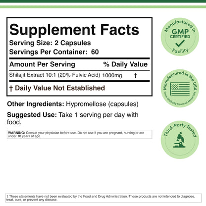 Double Wood Shilajit capsules supplement facts label detailing 20 percent fulvic acid content