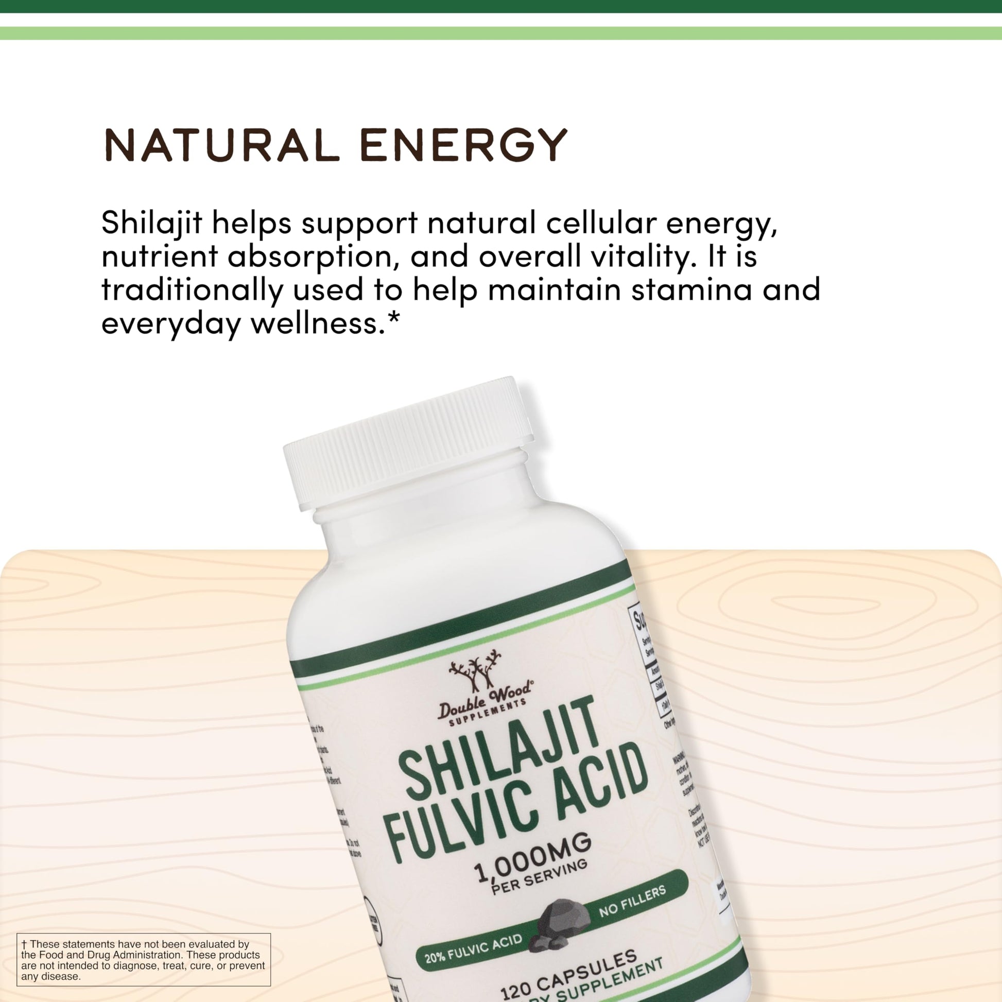 Double Wood pure shilajit extract dietary supplement bottle standing upright on a clean surface