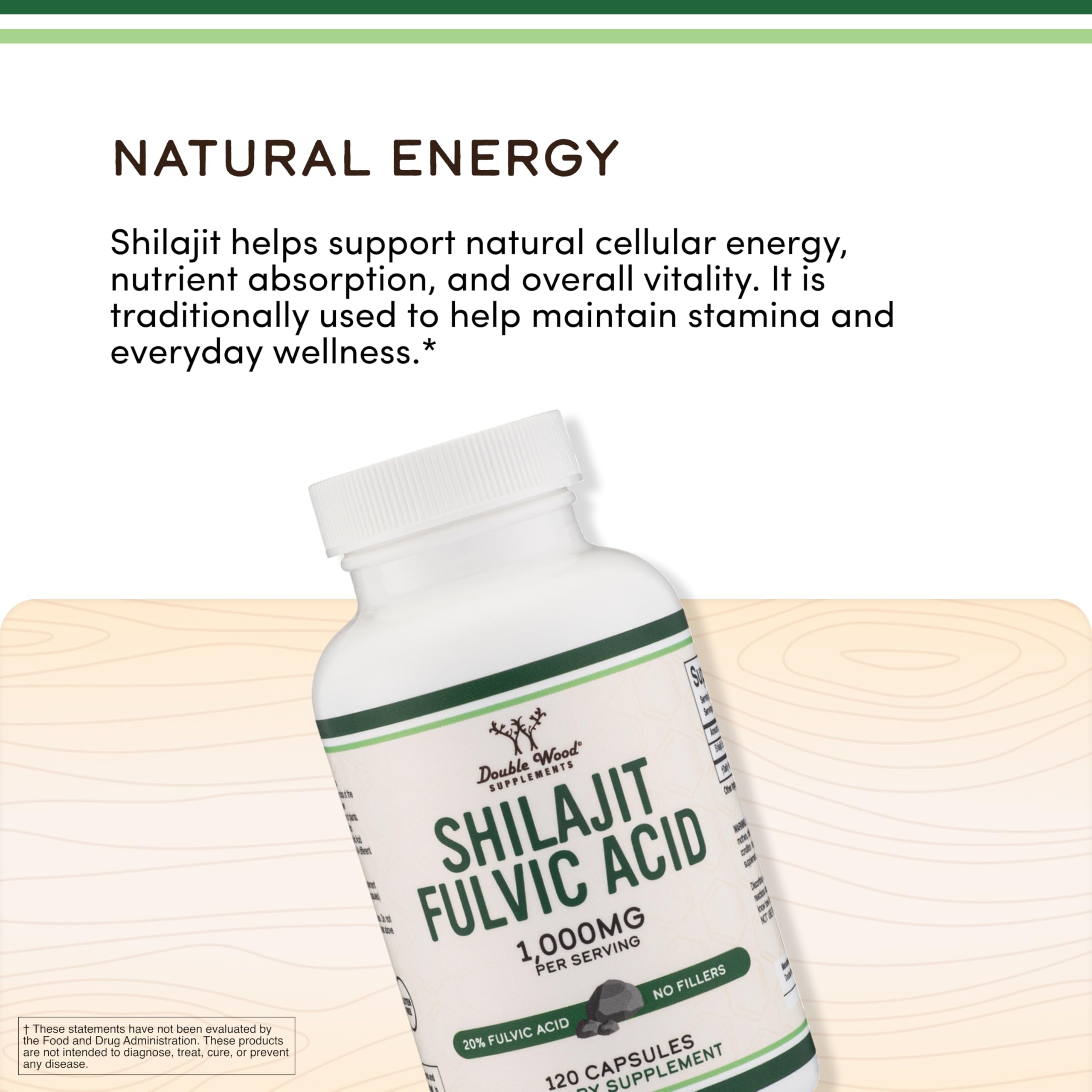 Double Wood pure shilajit extract dietary supplement bottle standing upright on a clean surface