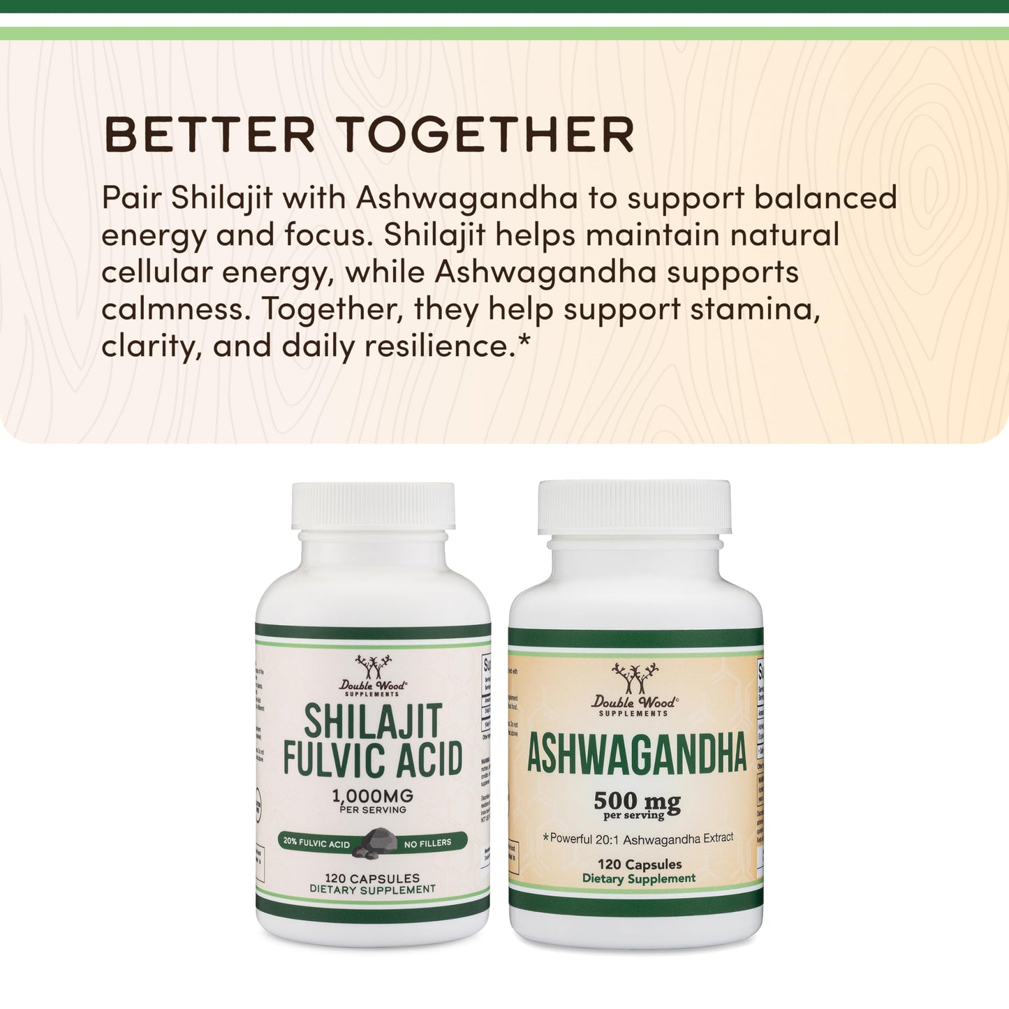 USA imported Double Wood Shilajit 1000 mg capsules packaging showcasing filler free formula details