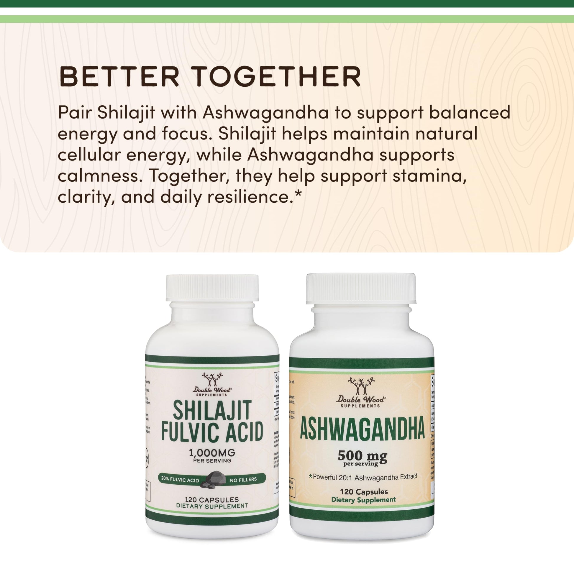 USA imported Double Wood Shilajit 1000 mg capsules packaging showcasing filler free formula details