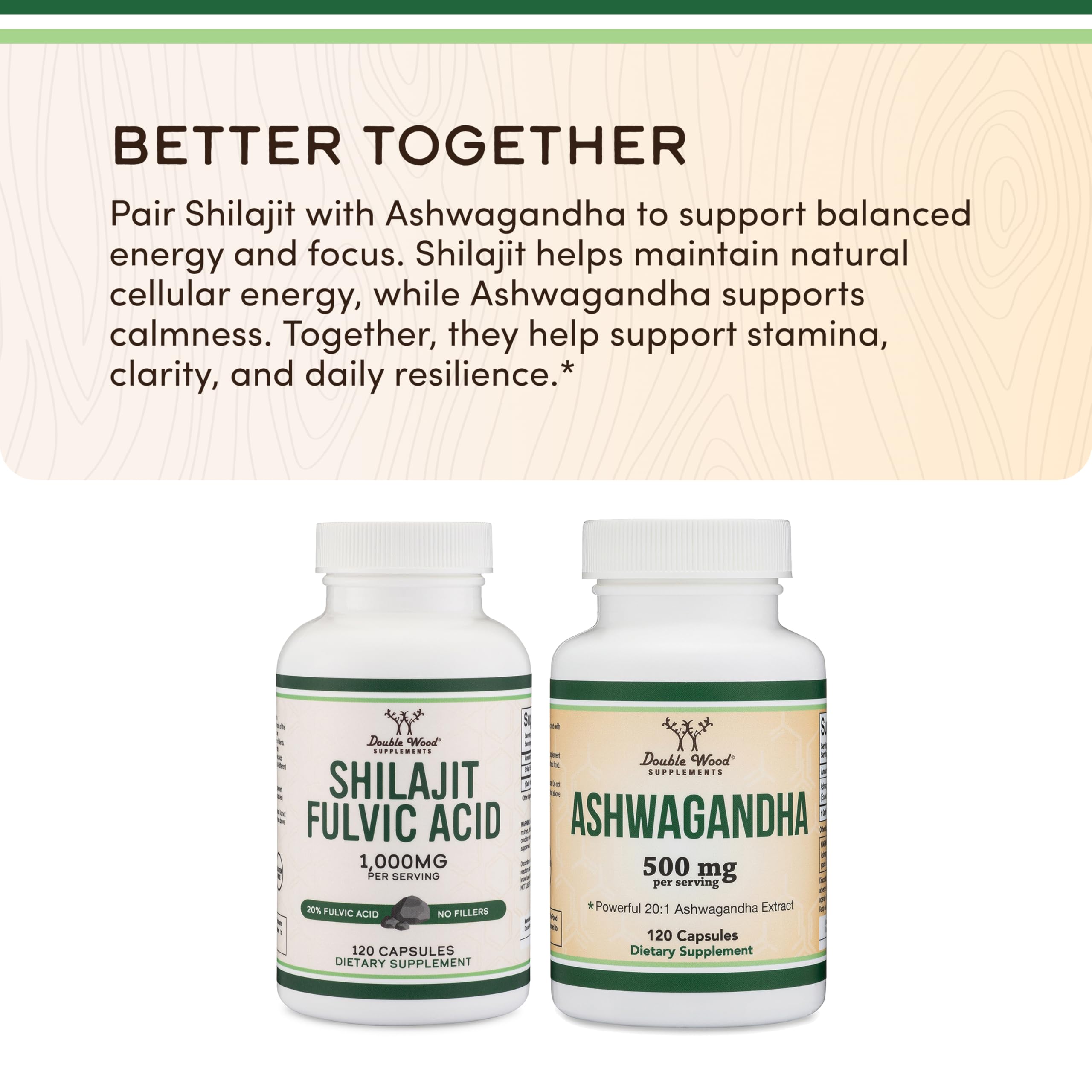 USA imported Double Wood Shilajit 1000 mg capsules packaging showcasing filler free formula details