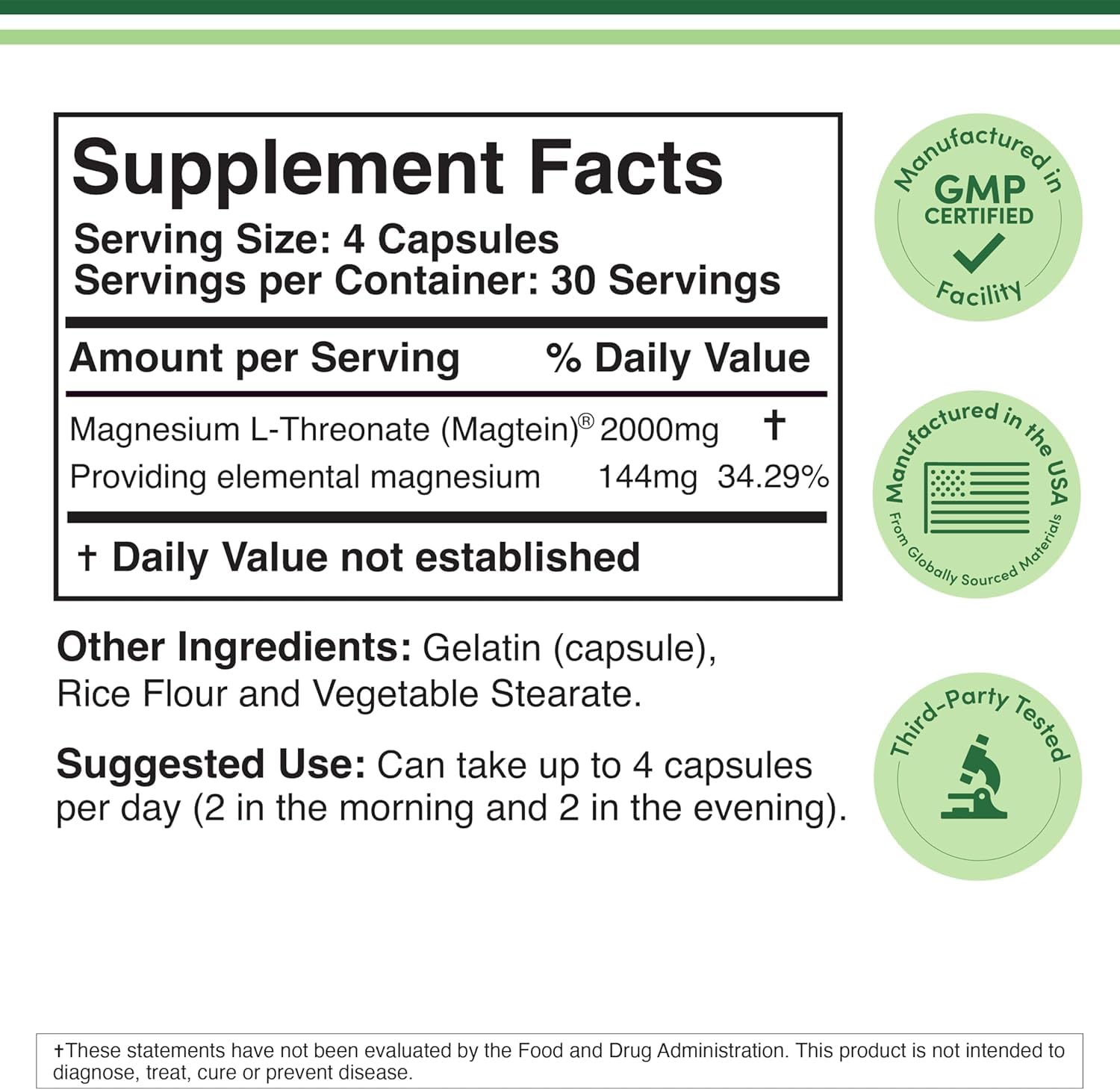 Double Wood Magnesium L Threonate serving size and nutrition facts panel showing two thousand milligrams details