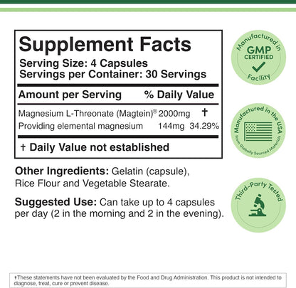 Double Wood Magnesium L Threonate serving size and nutrition facts panel showing two thousand milligrams details