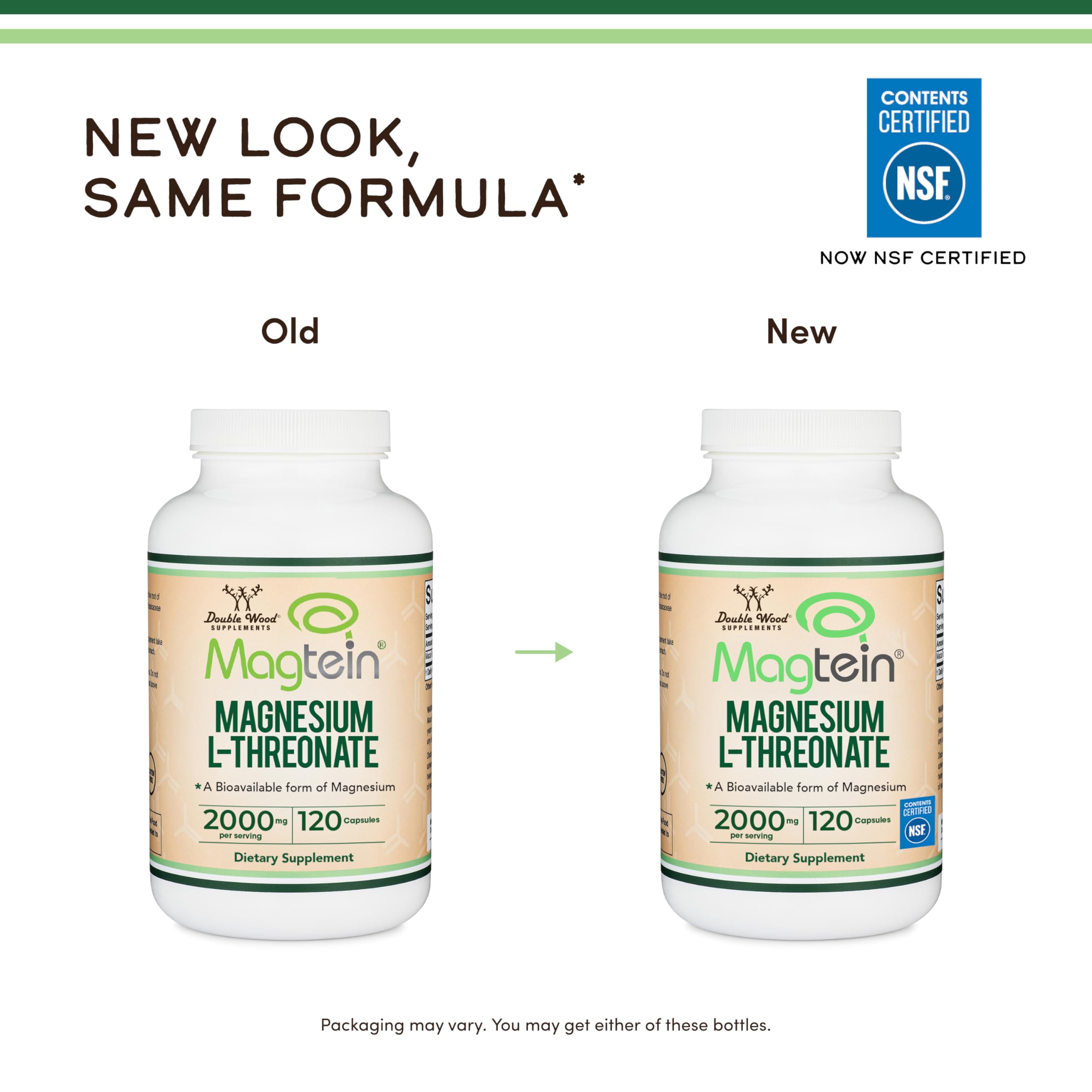 Authentic USA imported Double Wood Magtein capsules bottle highlighting high absorption and bioavailability benefits