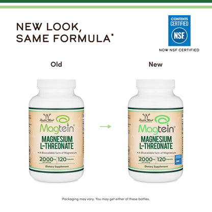 Authentic USA imported Double Wood Magtein capsules bottle highlighting high absorption and bioavailability benefits