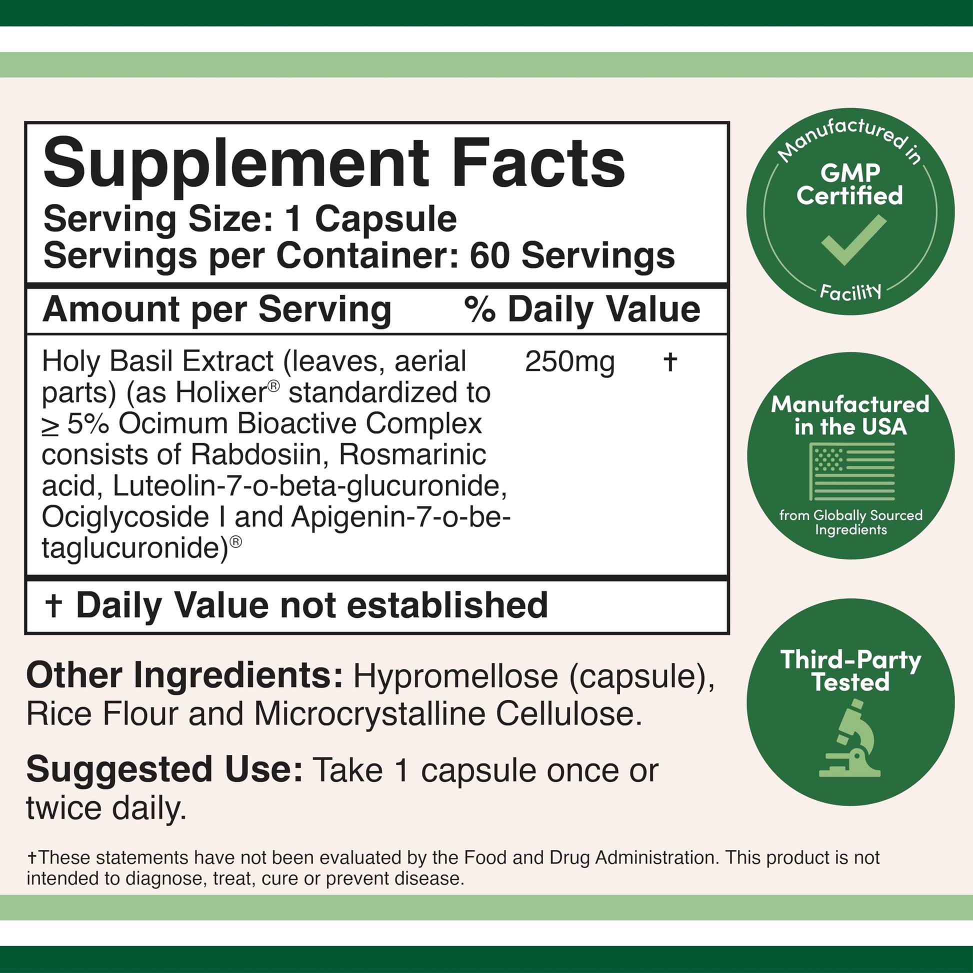 Double Wood Tulsi Holy Basil bottle showing supplement facts