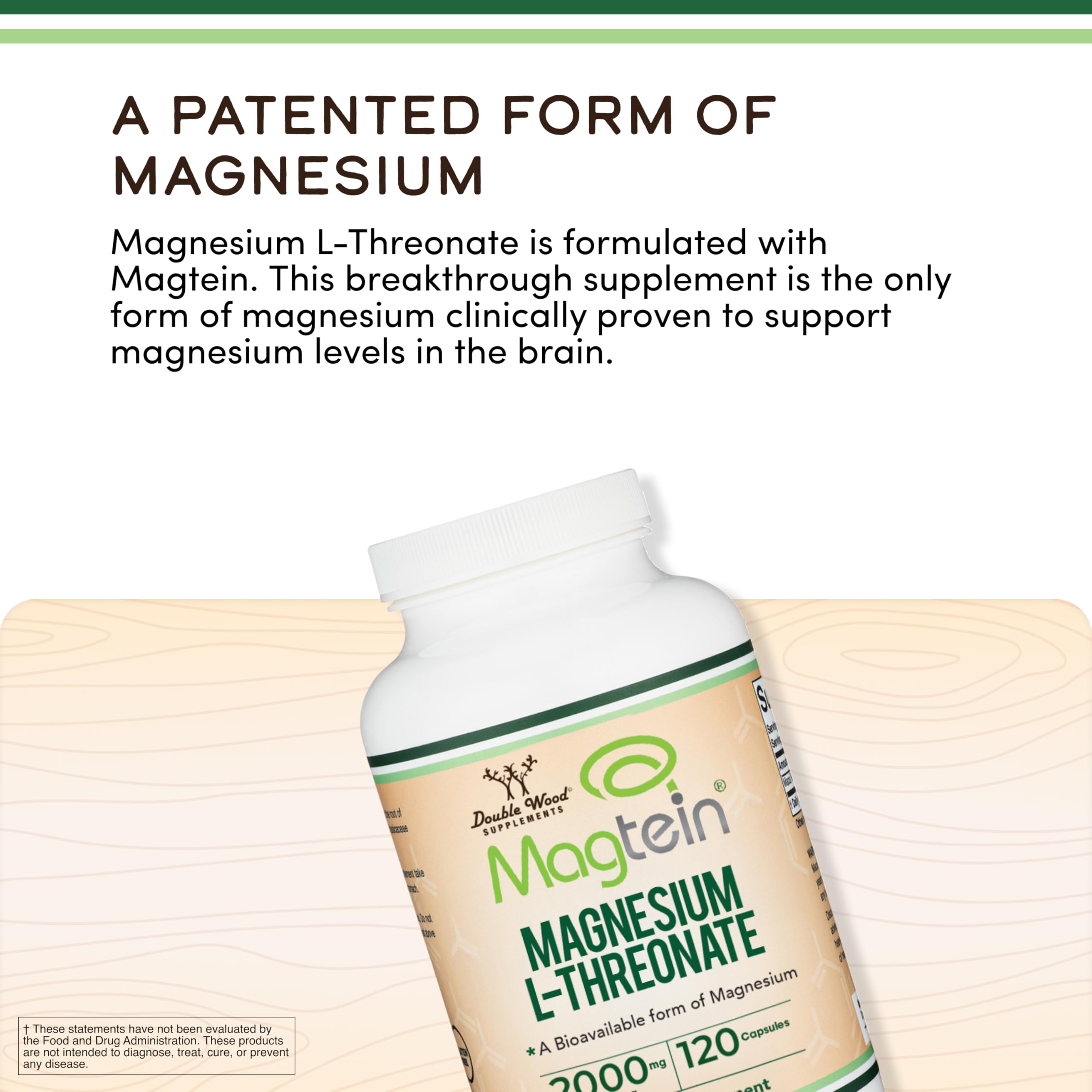 Close up of the non GMO and gluten free labels on the Double Wood Magnesium L Threonate container