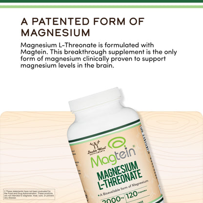 Close up of the non GMO and gluten free labels on the Double Wood Magnesium L Threonate container